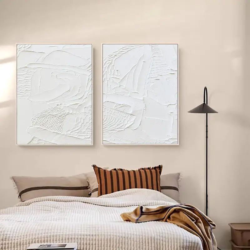 Minimalist White Textured Canvas Paintings - Set of 2 Abstract Wall Art for Living Room & Bedroom Decor #MM045