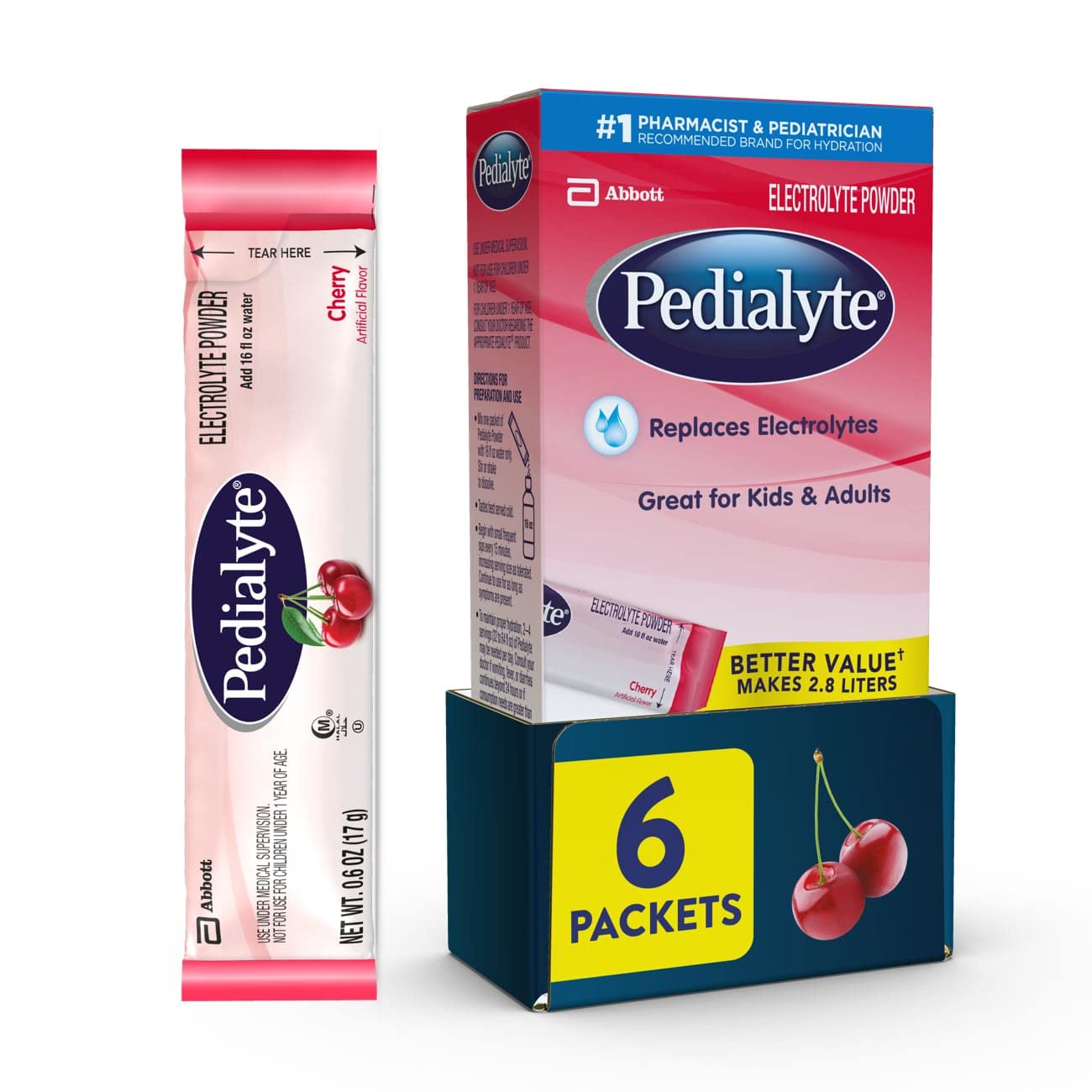 Pedialyte Electrolyte Powder Packets - Cherry Flavor Hydration Drink Mix, 6 Single-Serve Packets | Replenish Electrolytes for Kids & Adults, Perfect for Sports, Travel & Dehydration Relief