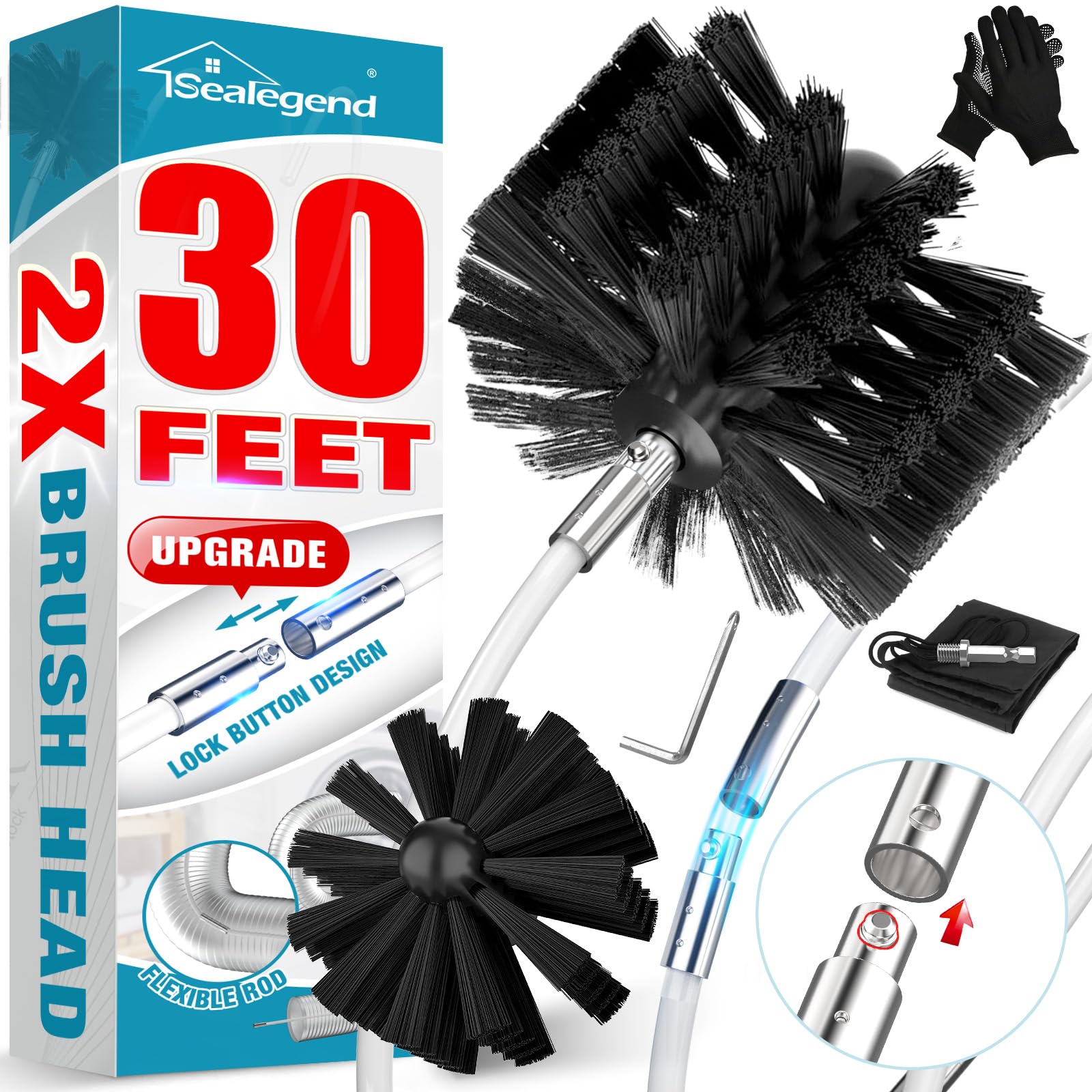 Sealegend 30 FT Dryer Vent Cleaning Kit - Dual Synthetic Brush Head, Flexible Quick-Snap Design, Drill Attachment, Extends Up to 30 Feet - Ideal for Home Laundry Room, Apartment, RV & Commercial Dryer Vent Maintenance