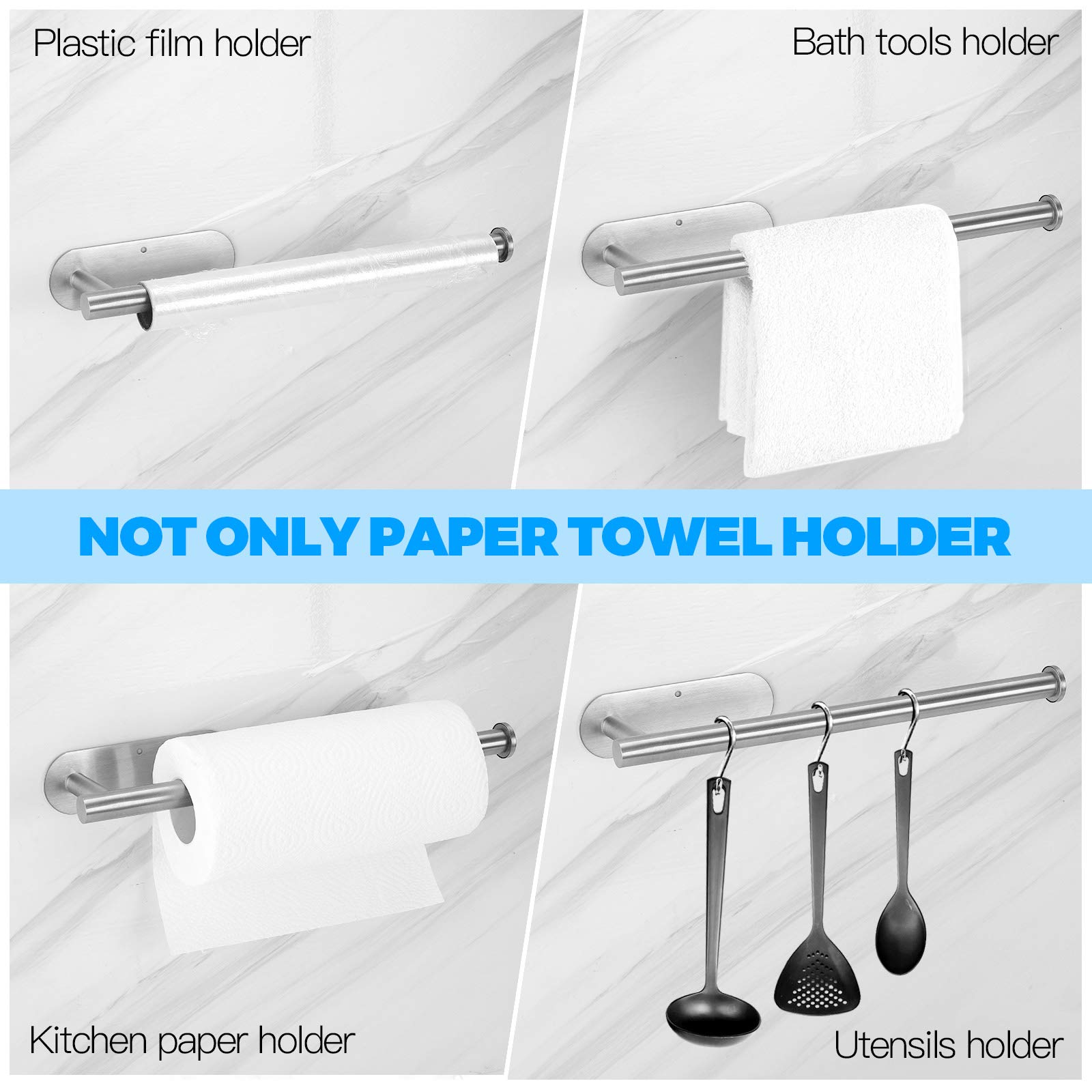 Stainless Steel Under Cabinet Paper Towel Holder - Self Adhesive or Drill Mount, SUS304 Silver Wall Mounted Kitchen Towel Rack for Pantry, Sink & Bathroom | Space Saving Solution for Easy Access to Paper Towels While Cooking & Cleaning