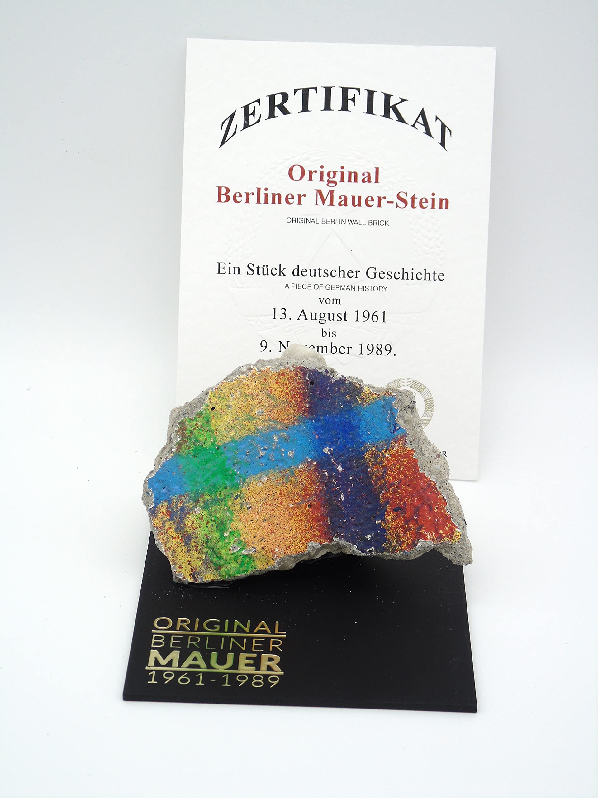 Authentic Piece of Berlin Wall with Certificate of Authenticity (CoA) - Large Fragment on Black Acrylic Base | Cold War Memorabilia, Historical Home Decor, Unique Gift for History Lovers