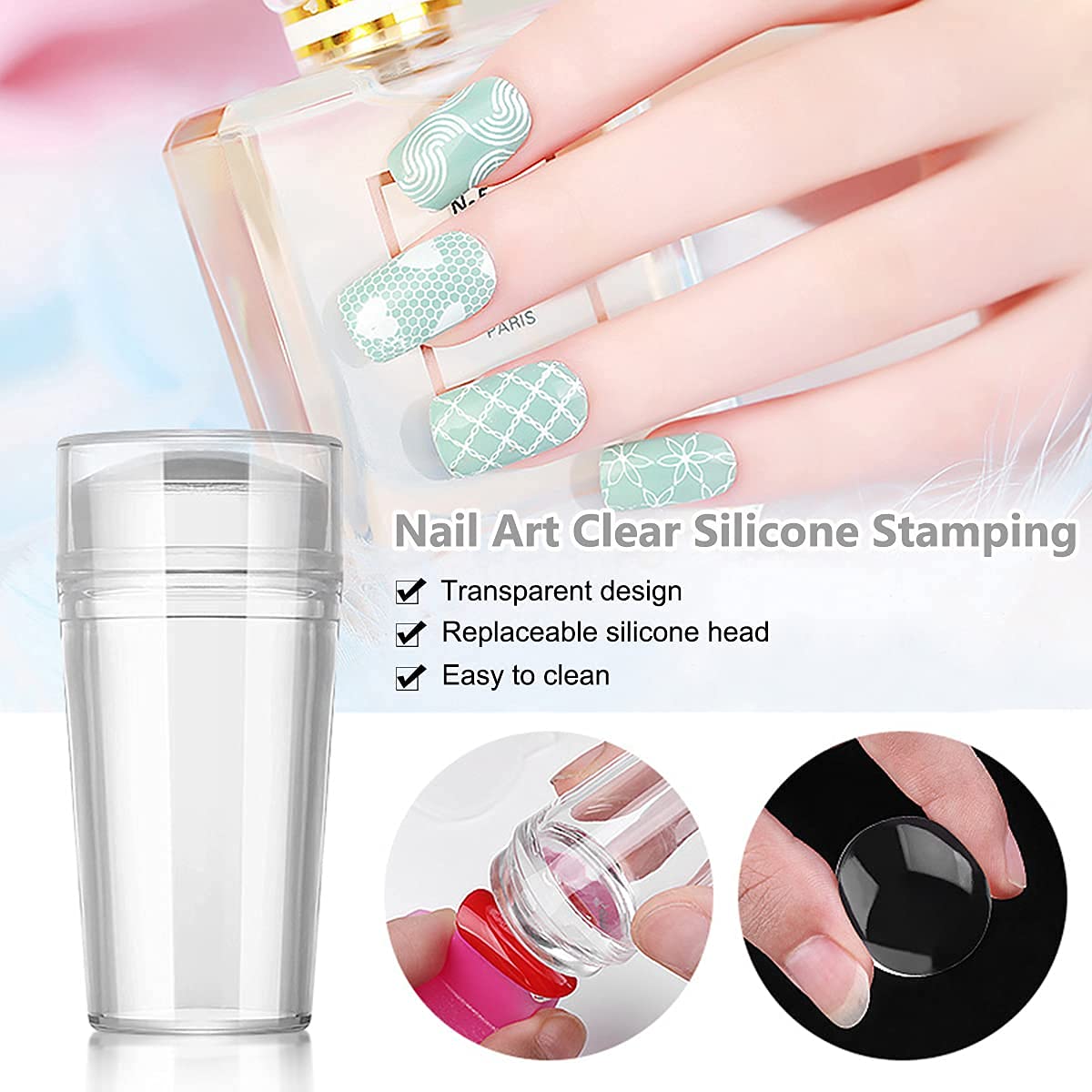 Transparent Nail Stamping Head with Lid & Large Silicone Scraper - DIY Nail Art Stamp Kit for Women & Girls - Perfect for Home Manicures, Parties & Gift Giving (Pack of 1)