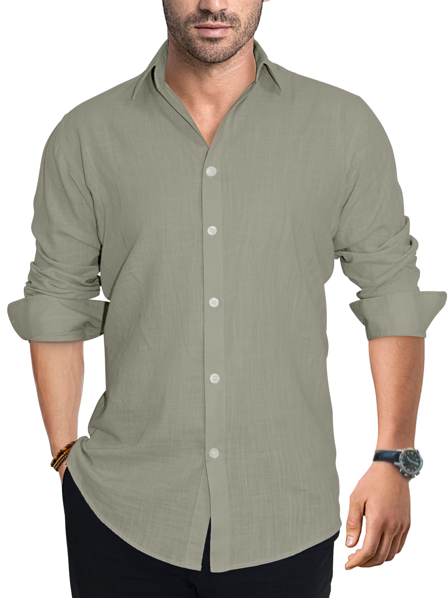 Porseme Men's Casual Linen Cotton Long Sleeve Button Down Shirt - Breathable Summer Beach Shirt with Spread Collar, Lightweight & Comfortable (XS-3XL) | Perfect for Vacation, Outdoor Activities & Casual Wear