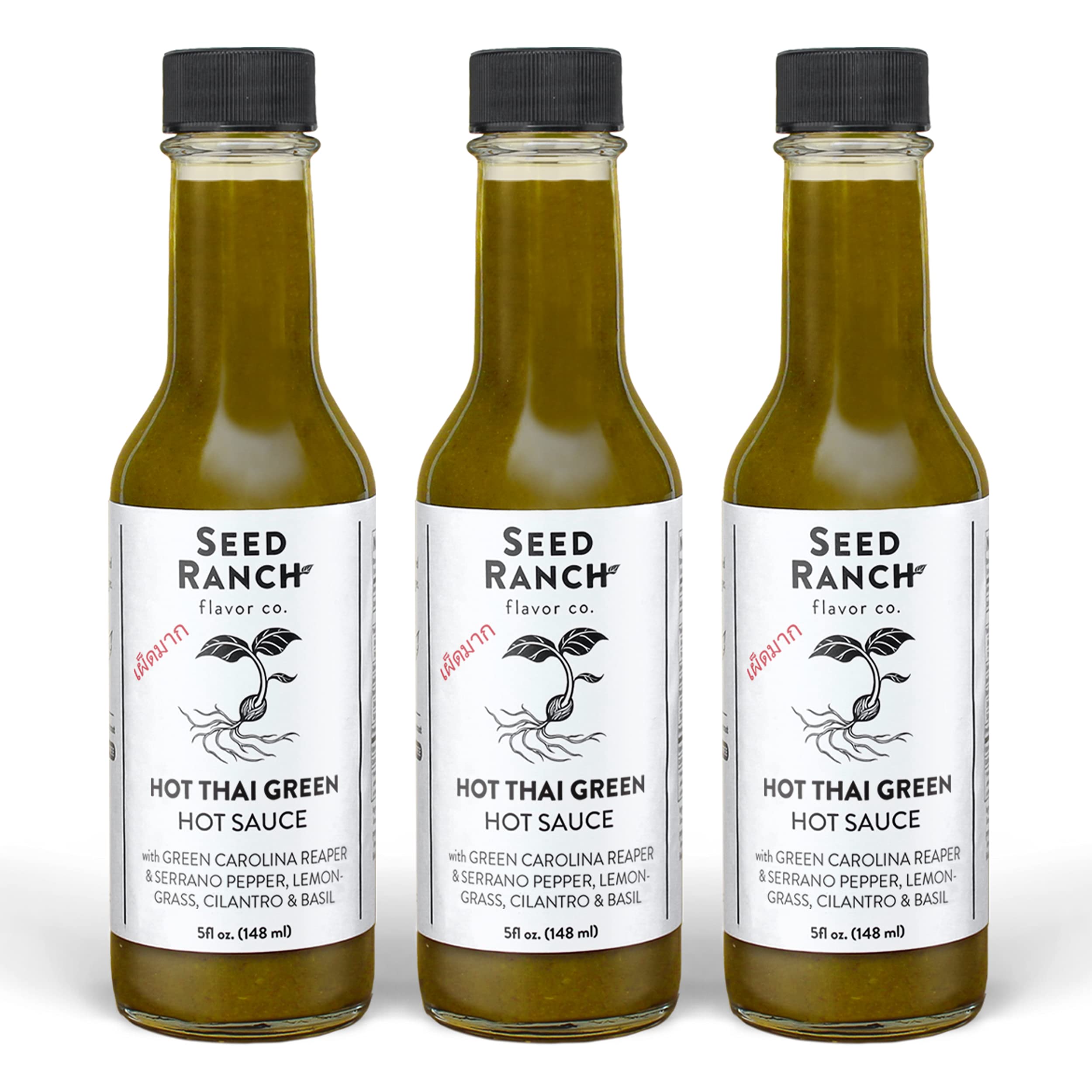 Seed Ranch Hot Thai Sauce 3-Pack - Spicy Green Carolina Reaper Pepper Sauce - Organic, Vegan, Non-GMO, Gluten-Free Gourmet Hot Sauce - Featured on Hot Ones Show - Perfect for Rice Bowls, Noodles, Breakfast & Protein Dishes