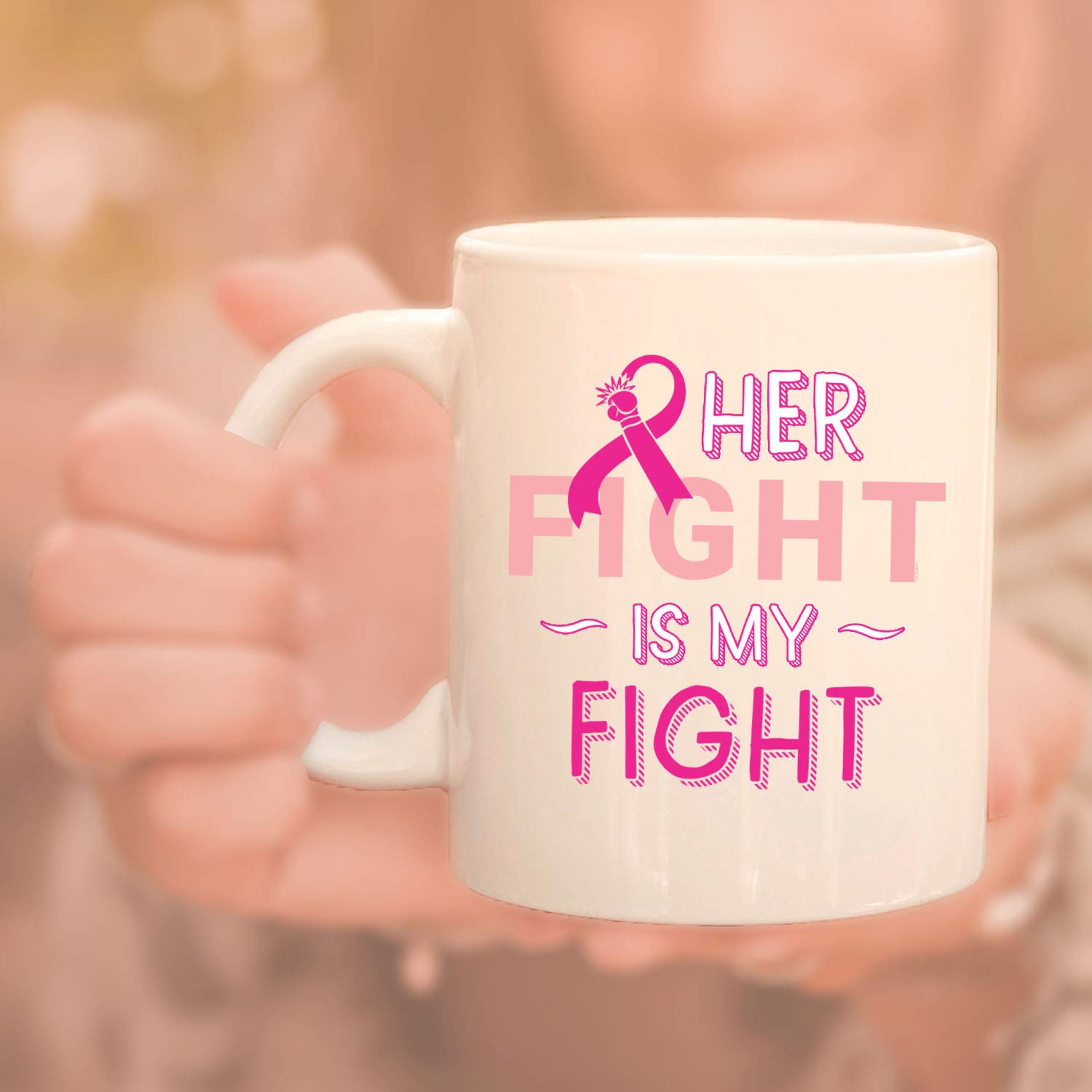Veracco 'Her Fight Is My Fight' Pink Ribbon Ceramic Coffee Mug - Motivational & Inspirational Gift for Breast Cancer Survivors - 15oz White Ceramic Cup for Coffee, Tea & Hot Drinks - Perfect for Office, Home Use & Cancer Awareness Events