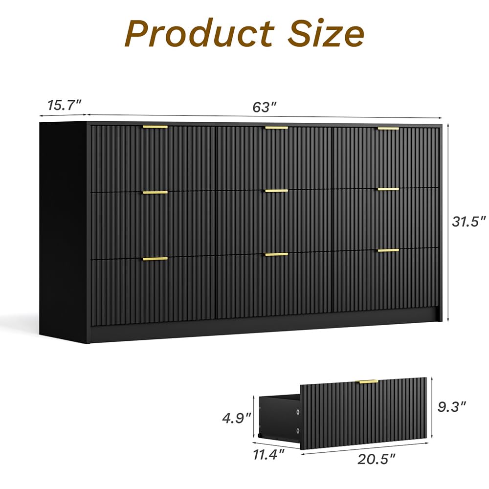 Modern 9-Drawer Double Dresser for Bedroom - Black Chest of Drawers with Spacious Storage (63