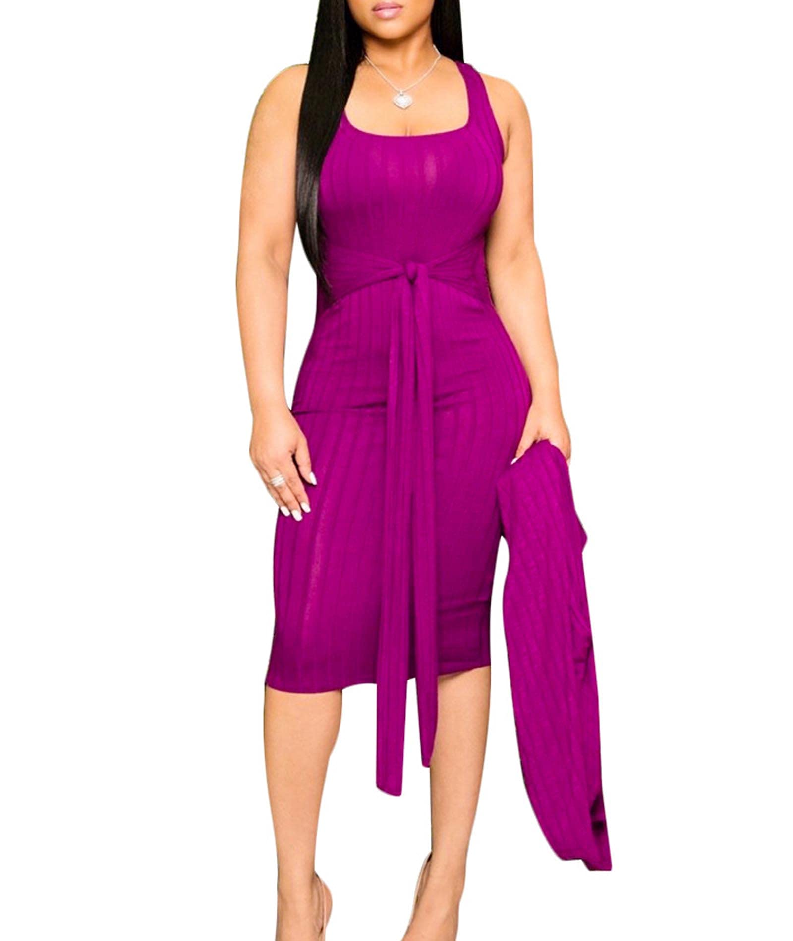 FYEARFOX Women's Ribbed Bodycon Dress & Long Cardigan Set - Sleeveless Midi Dress with Long Sleeve Cover Up, Casual Knit Two Piece Outfit for Work, Date Night & Fall Fashion