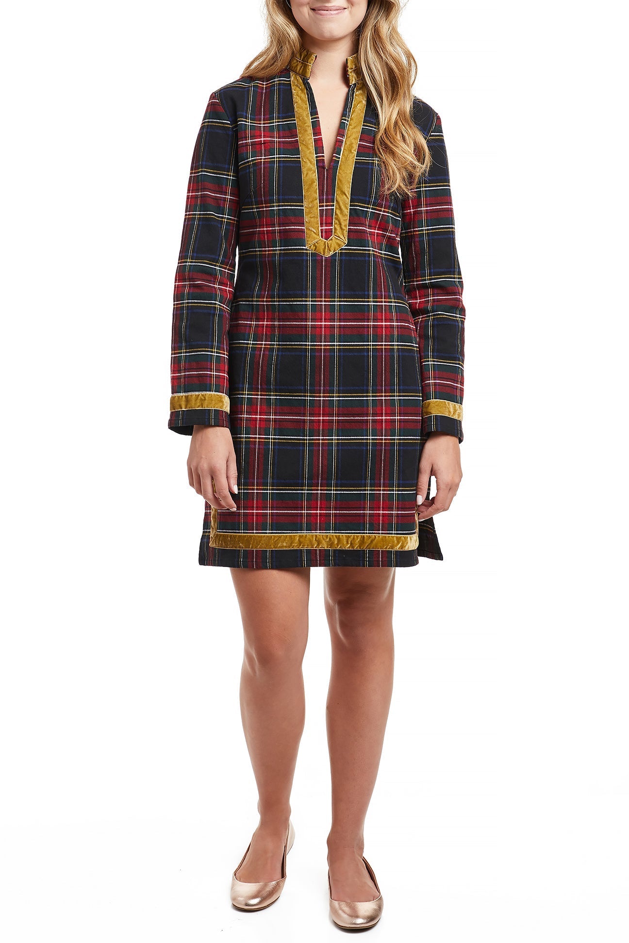 Women's Stretch Twill Tunic Dress with Gold Velvet Trim - Black Stewart | Casual Wear, Office Outfit & Special Occasion Dress