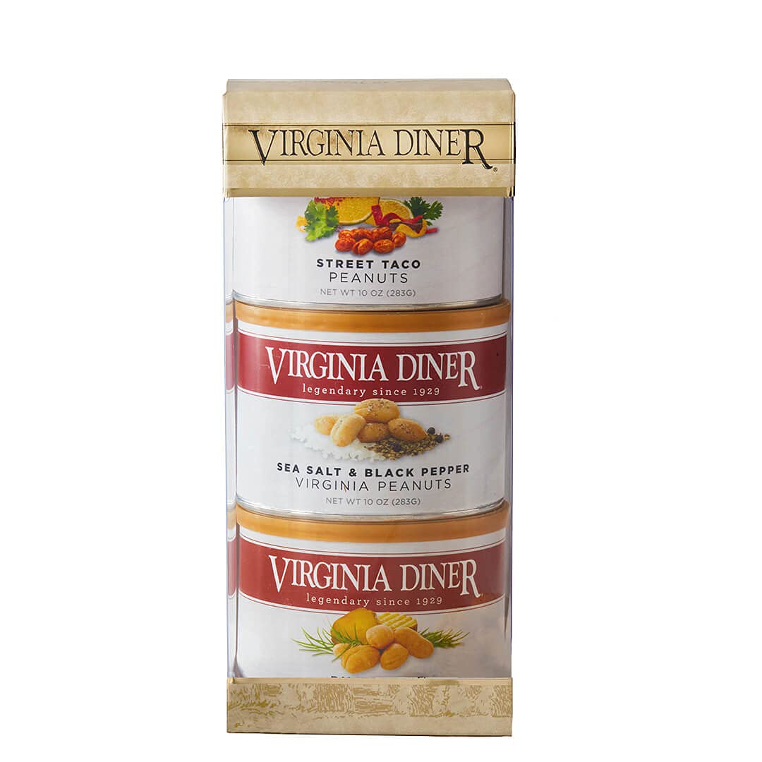Virginia Diner Simply Savory Trio Gift Set - 3 Pack (Street Taco Peanuts, Sea Salt & Black Pepper Peanuts, Dill Pickle Peanuts) - 10oz Cans Each - Perfect for Snacking, Gifts & Party Favors