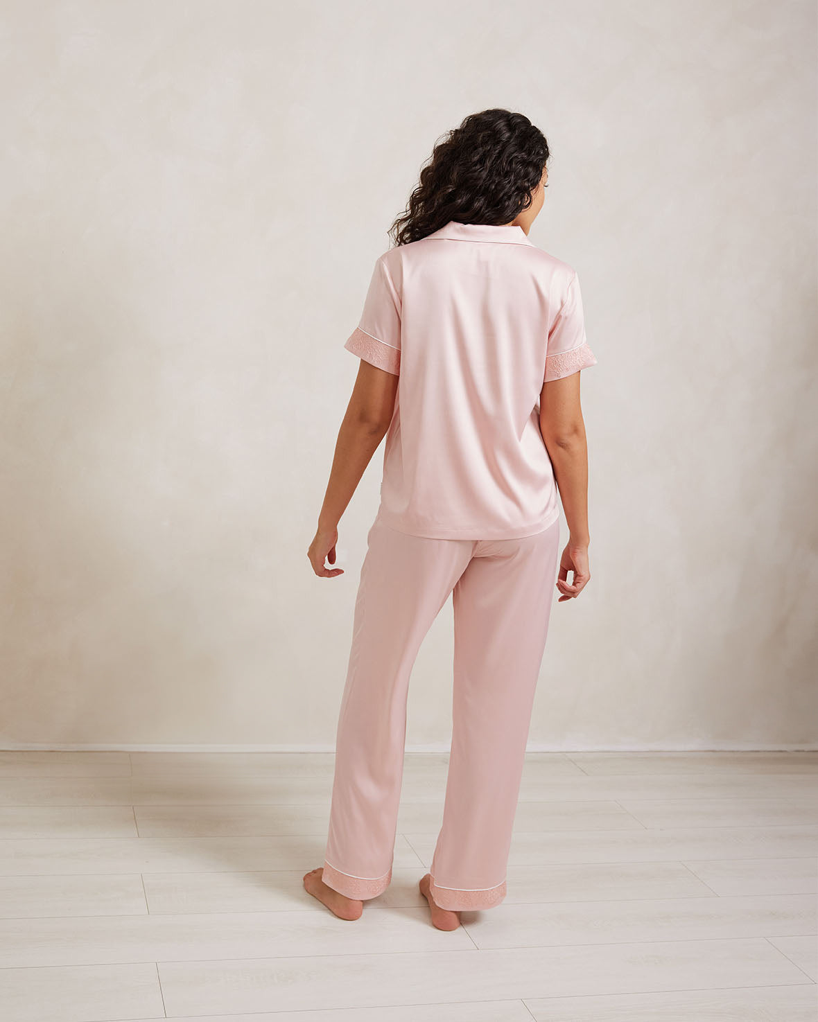 Satin Lace Trim Short Sleeve Long Pajama Set for Women - Soft Comfortable Sleepwear Nightwear (Pink) - Perfect for Relaxing at Home, Sleepovers & Cozy Nights