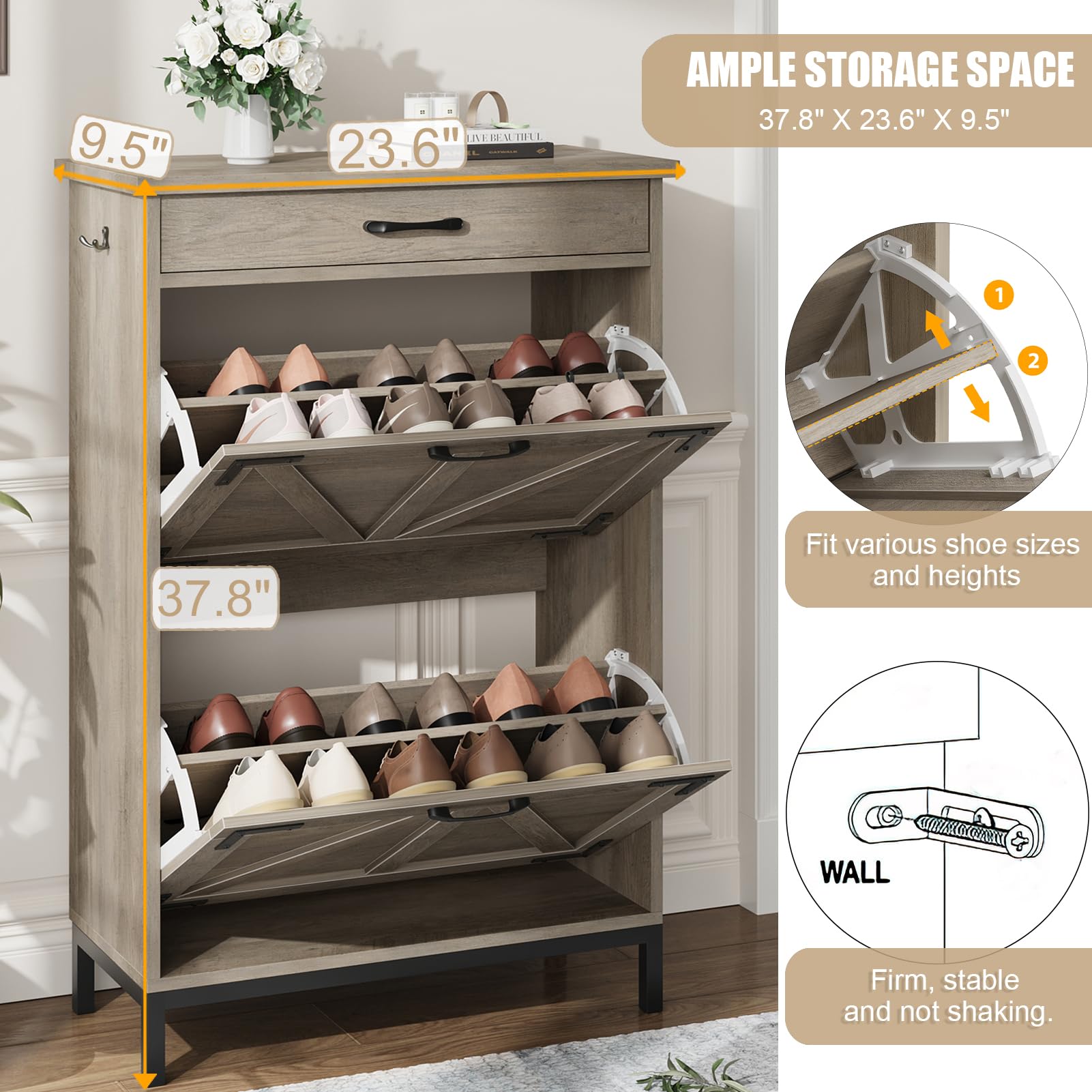 Farmhouse Narrow Shoe Cabinet with 2 Flip Drawers - Hidden Entryway Shoe Storage Organizer, Free Standing Slim Shoe Rack for Hallway, Foyer & Door Entry (Grey) - Perfect for Small Spaces & Clutter-Free Home Organization
