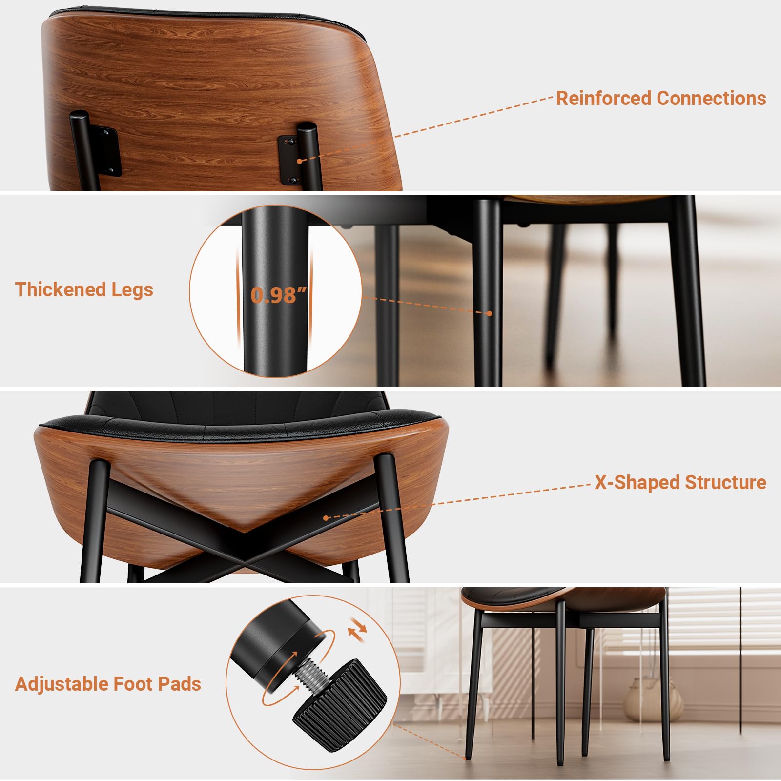 4-Piece Mid Century Modern Dining Chairs Set - FSC Certified PU Leather Upholstered Chairs with Walnut Bentwood & Metal Legs - Perfect for Kitchen, Dining Room or Vanity Area - Black Contemporary Seating