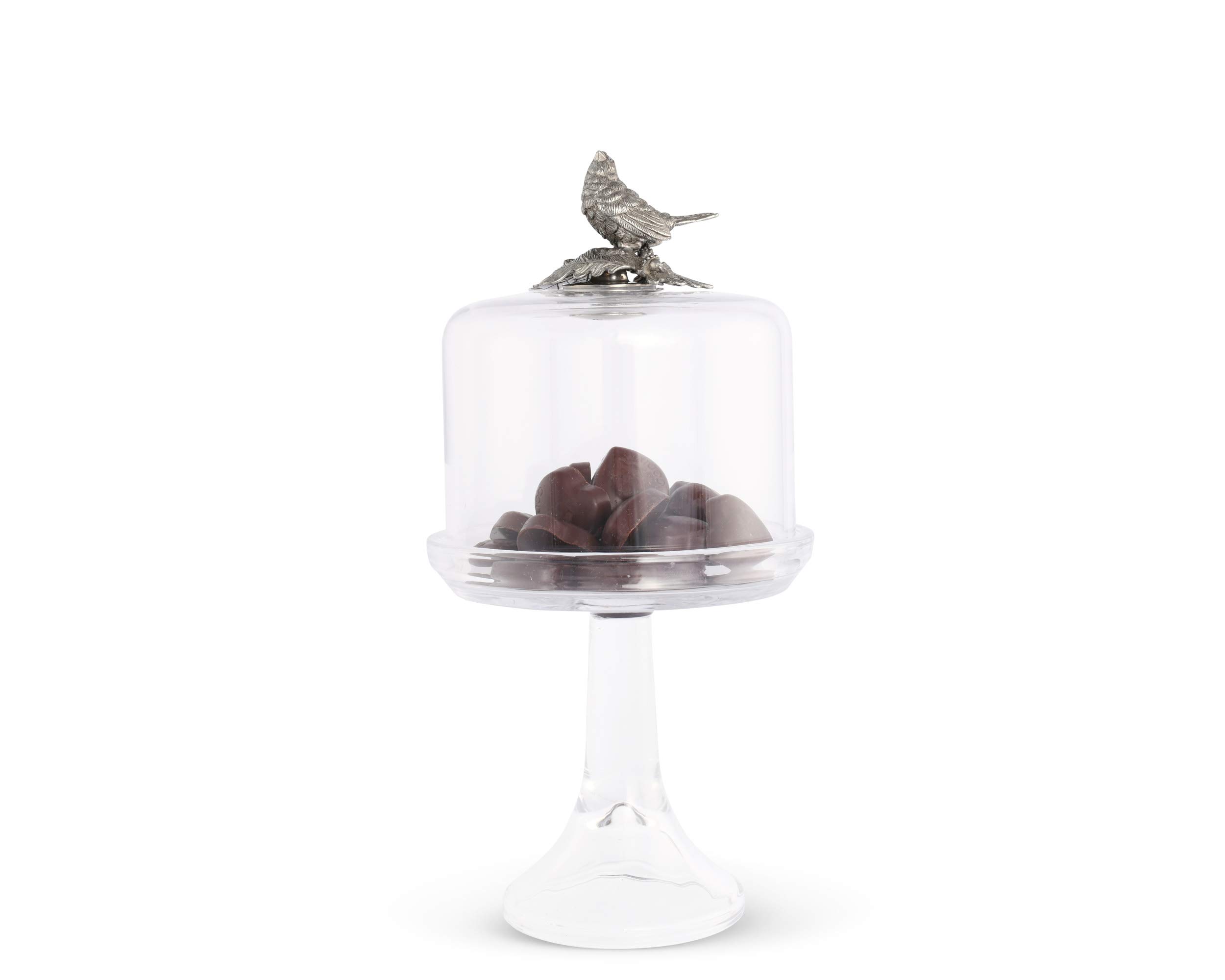 Vagabond House 6-Inch Hand-Blown Glass Cheese Dome with Pewter Songbird Knob - Perfect for Dessert Display, Cupcake Stand & Cheese Serving - Elegant Table Centerpiece for Parties & Dining