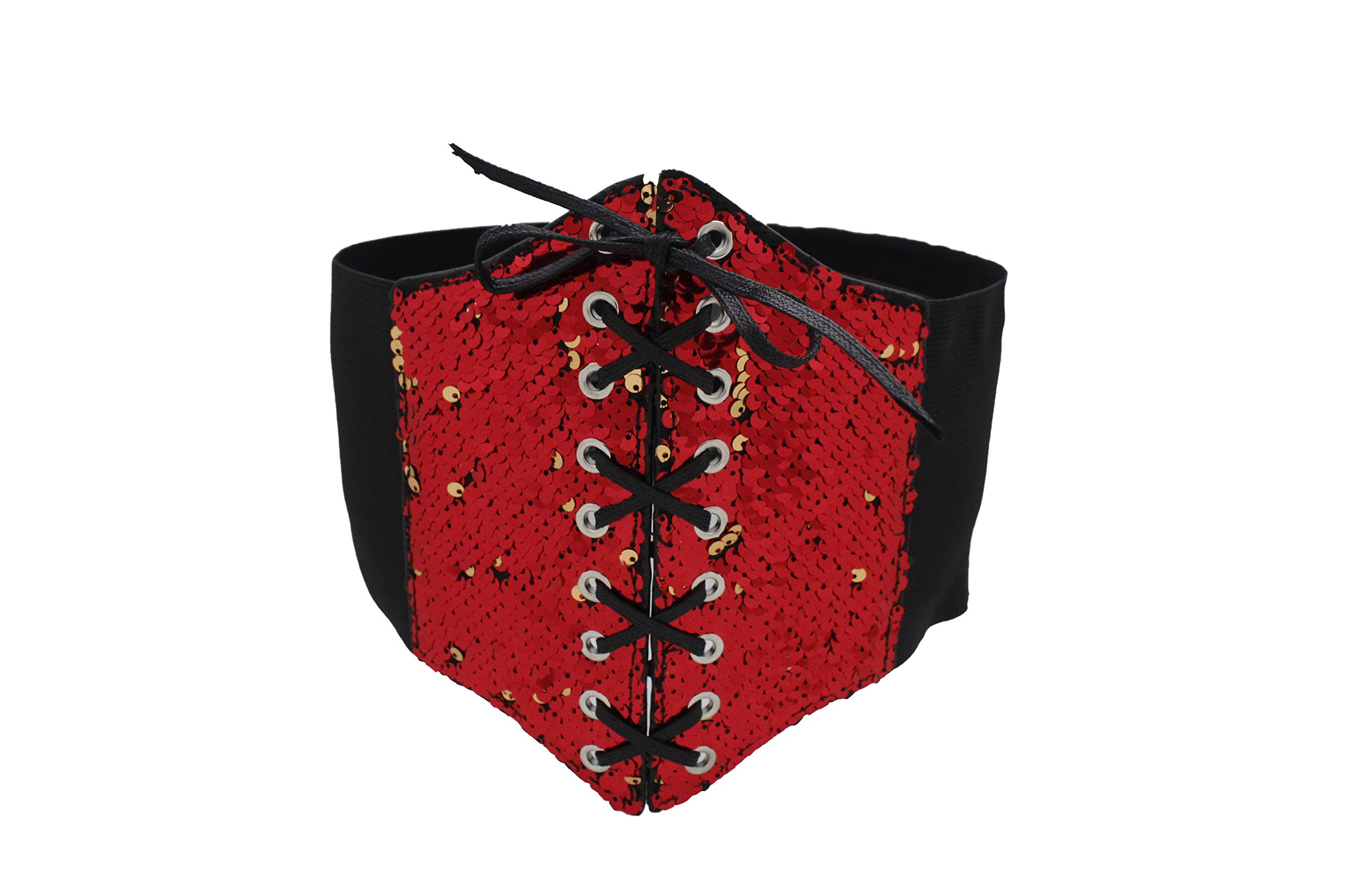 TFJ Women's Wide Elastic Waistband Corset Belt - High Waist Shapewear with Bling Red Gold Sequins for Tummy Control (Sizes S/M) | Perfect for Dresses, Tops & Body Shaping