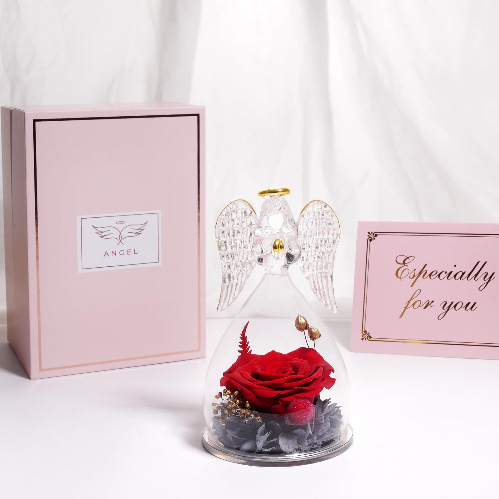 Yamonic Angel Figurine with Real Preserved Rose - Unique Birthday Gift for Mom, Grandma, Wife | Mother's Day, Christmas, Anniversary Present | Home Decor, Table Centerpiece, Keepsake (Red)