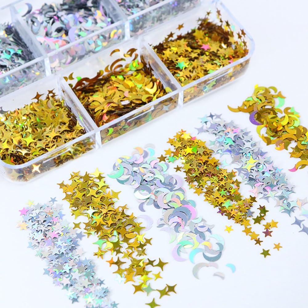 Dornail 6 Grids Nail Art Glitter Sequins Kit - Gold Silver Star Moon & 4-Pointed Stars 3D Nail Decorations for DIY Manicure | Shining Glitter Flakes for Nail Art, Party, Wedding & Salon Use