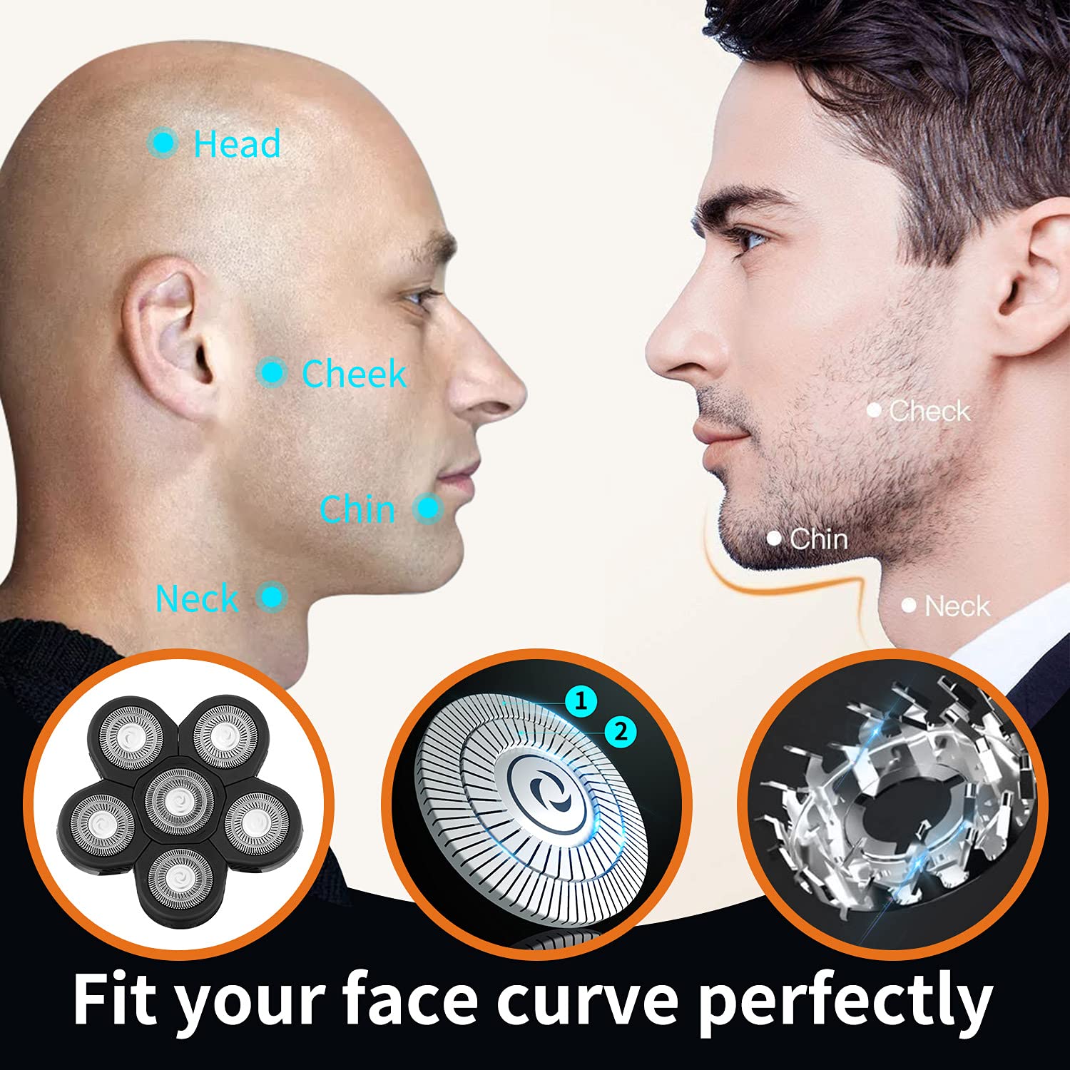 Upgraded 6D Electric Shaver Replacement Head for Men - Wet & Dry Floating Razor Blades for Bald Shaving - Close & Comfortable Shave (Gray) - Perfect for Travel, Home & Gym Use