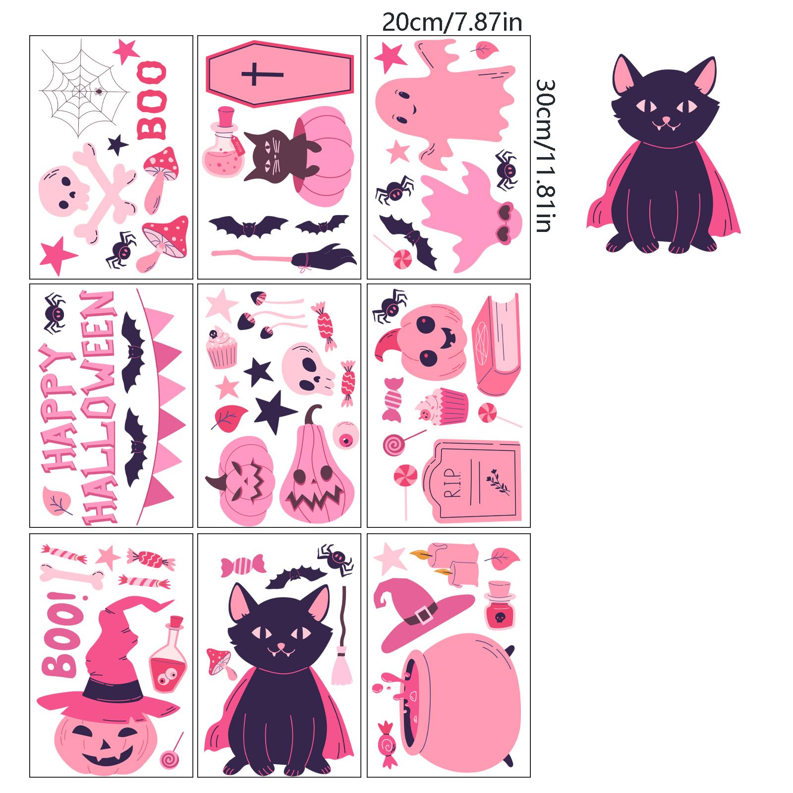 9 Sheets Halloween Window Clings - Pink Pumpkin, Bat, Skull, Boo Cat & Spider Web Ghost Stickers | Double-Sided Glass Decals for Halloween Party & Home Decor | Perfect for Windows, Doors & Mirrors