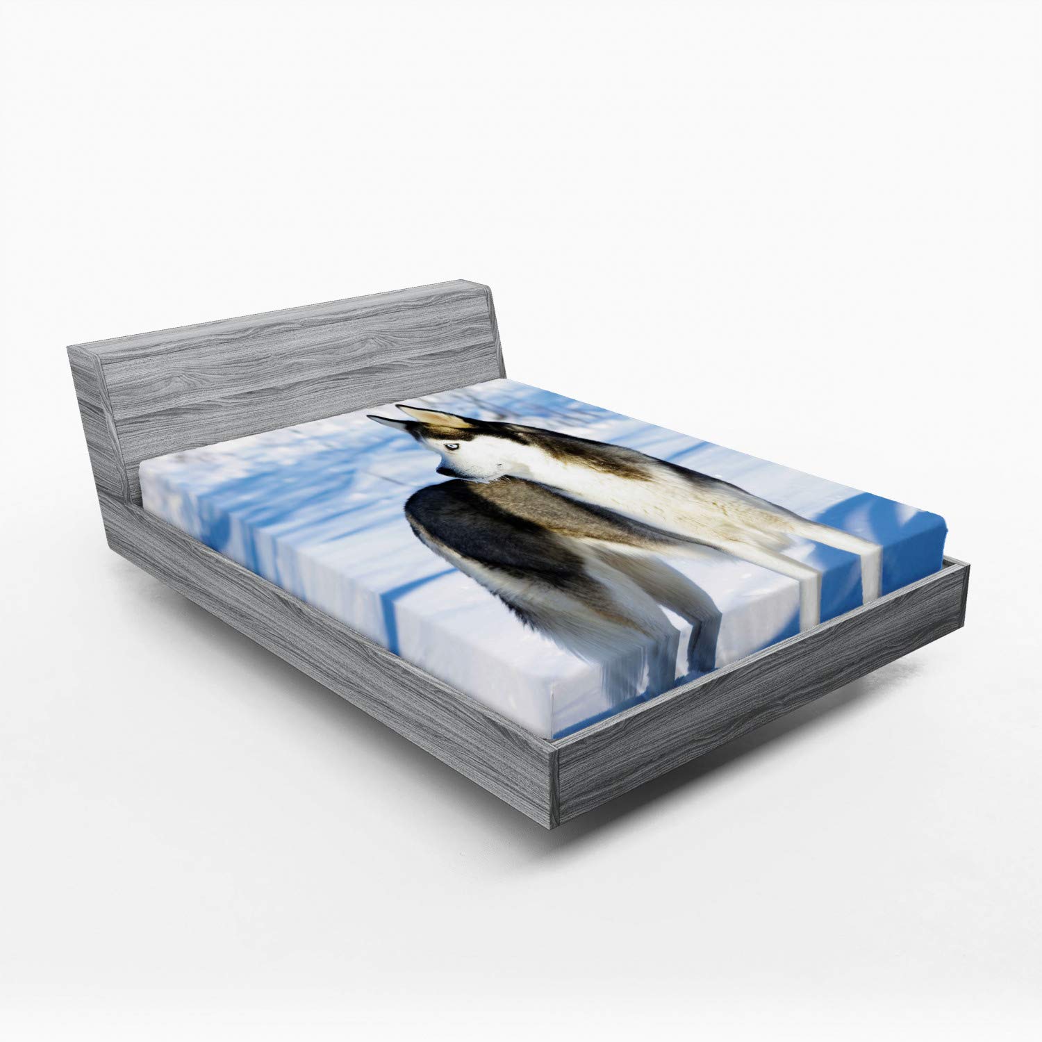 Ambesonne Alaskan Malamute Fitted Sheet - Queen Size, Black White Blue - Cozy Bed Cover for Winter