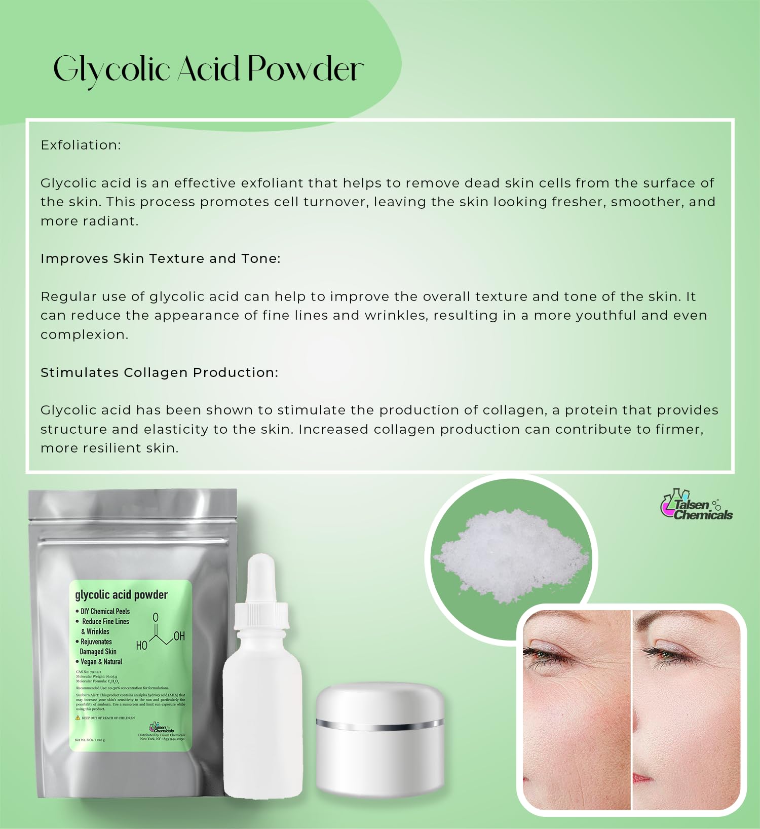99% Pure Glycolic Acid Powder (2 Oz/56g) for DIY Skincare - Glycolic Crystal for Peels, Lotions & Serums by Talsen Chemicals | At-Home Chemical Exfoliation & Skin Renewal