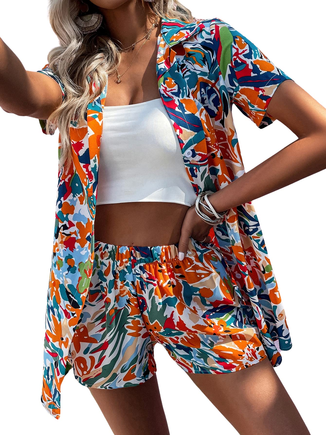 SweatyRocks Women's 2 Piece Outfit - Floral Print Short Sleeve Button Down Blouse & High Waist Shorts Set | Summer Casual Outfit for Beach, Vacation & Streetwear
