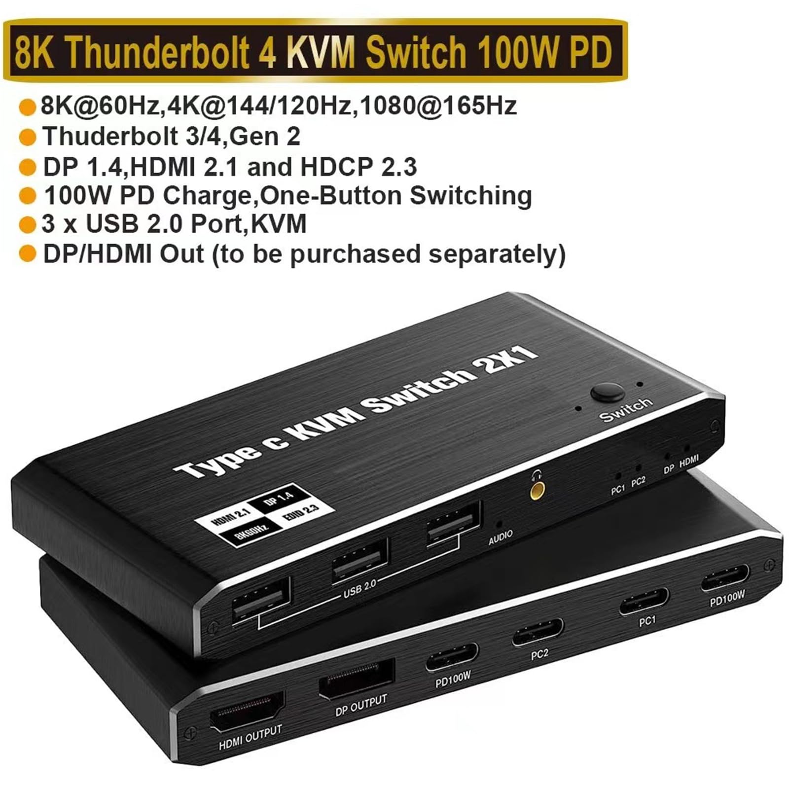 NATEFEMIN 2-in-1 USB-C KVM Switch Selector Box - Dual Computer USB-C KVM Switch for Keyboard, Mouse, Printer & USB Devices - Perfect for Home Office & Multi-PC Workspaces
