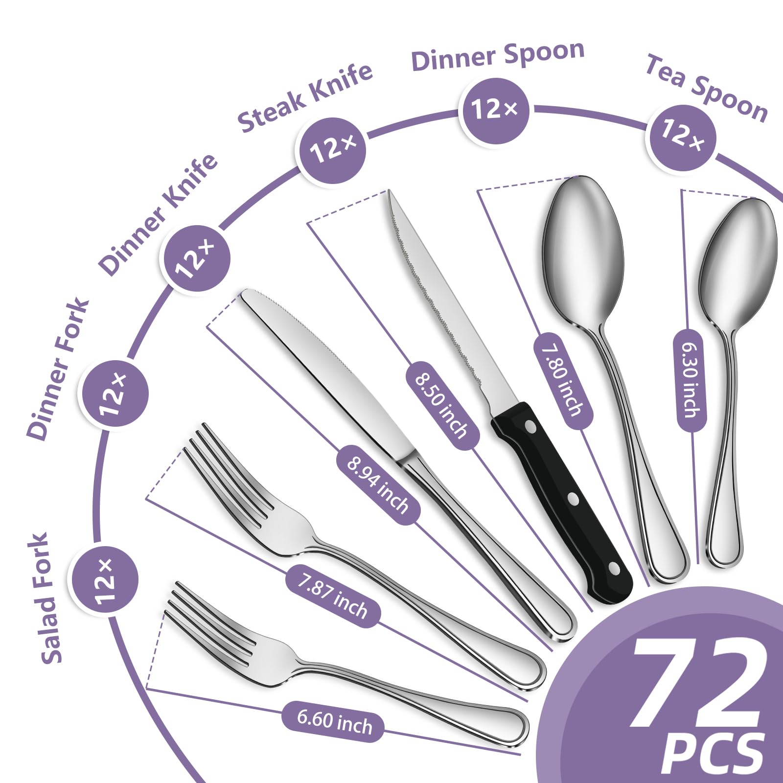72-Piece Stainless Steel Silverware Set - Service for 12 with 12 Steak Knives, Mirror Polished Flatware Set (Spoons, Forks, Knives) - Dishwasher Safe & Stylish Design - Perfect for Dinner Parties, Weddings, and Everyday Dining
