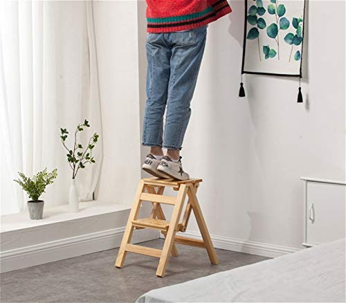2-Step Wooden Folding Stool - Solid Wood Multifunctional Ladder Step Stool for Home, Kitchen, Bathroom & Outdoor Use (Natural Wood Color)