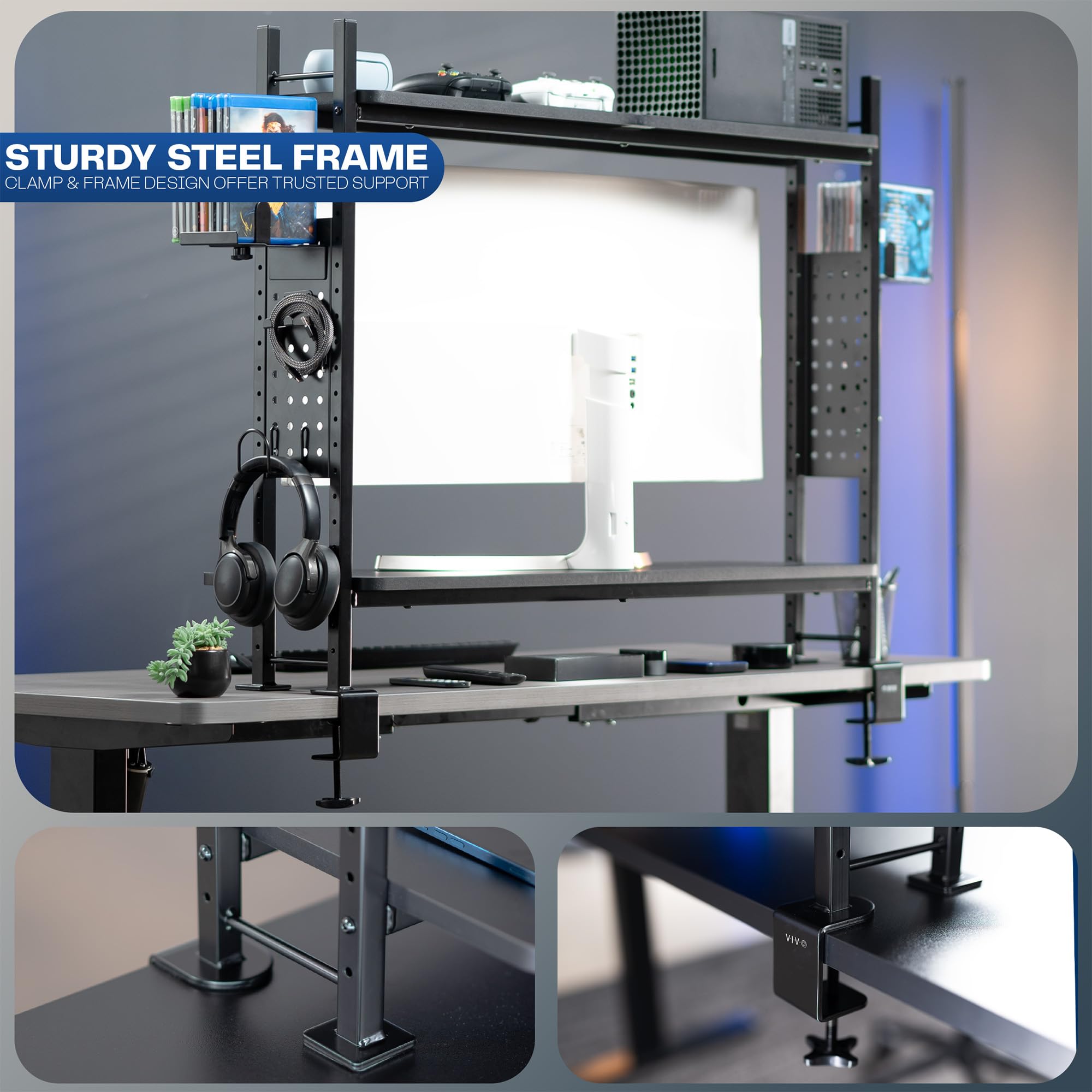 VIVO 40 Inch Black Clamp-on 2-Tier Desk Shelf with Pegboard - Organizer for Table Accessories, Gaming Devices, Office Supplies - Perfect for Home Office, Gaming Setup & Workspace Organization