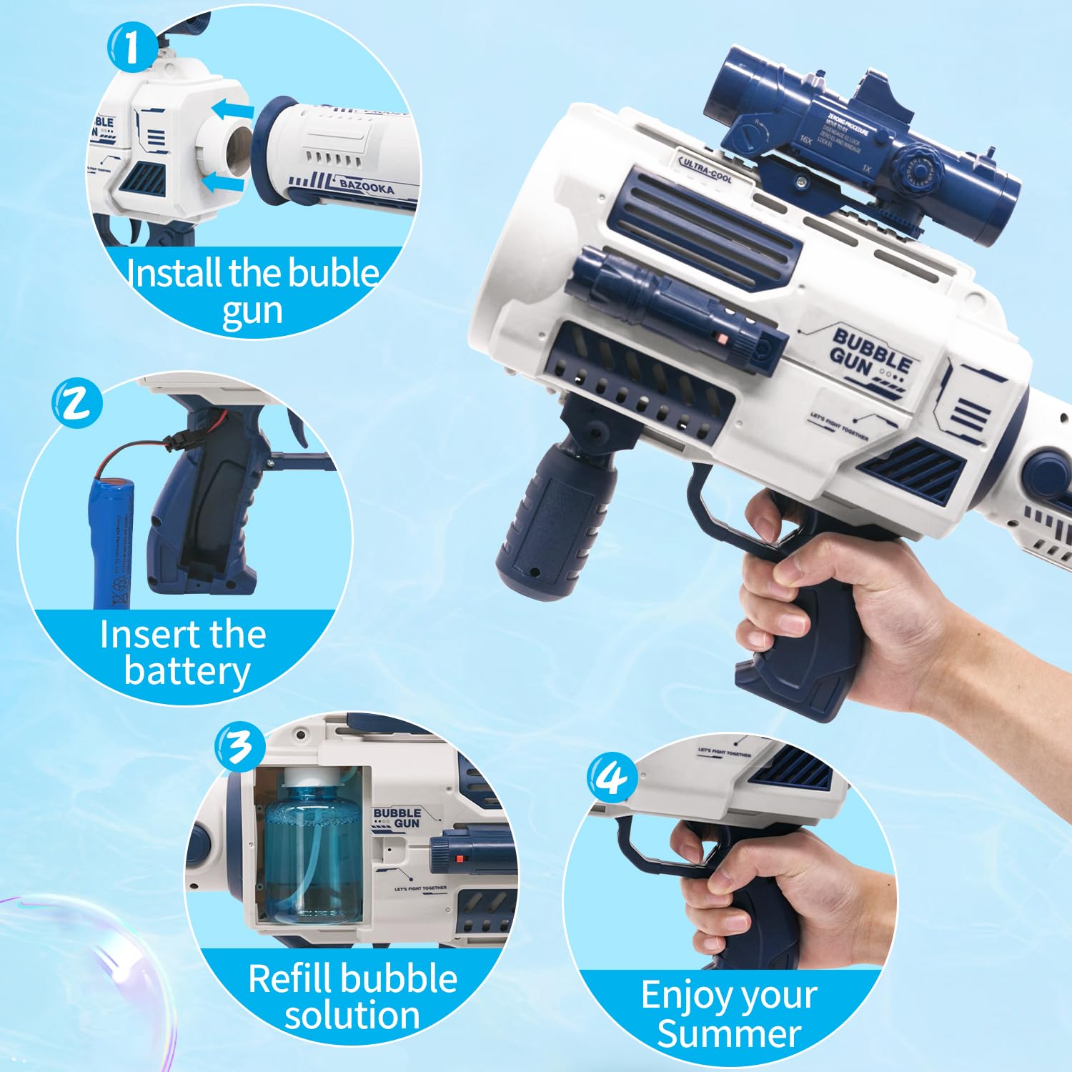 Automatic Bubble Gun with Built-in Bubble Solution (4.4 oz) - 3 Fan Powered Bubble Blower Machine with 6X Lens - Perfect for Summer Outdoor Parties, Birthdays, Weddings & Kids Play (Great Gift Idea for Boys & Girls)