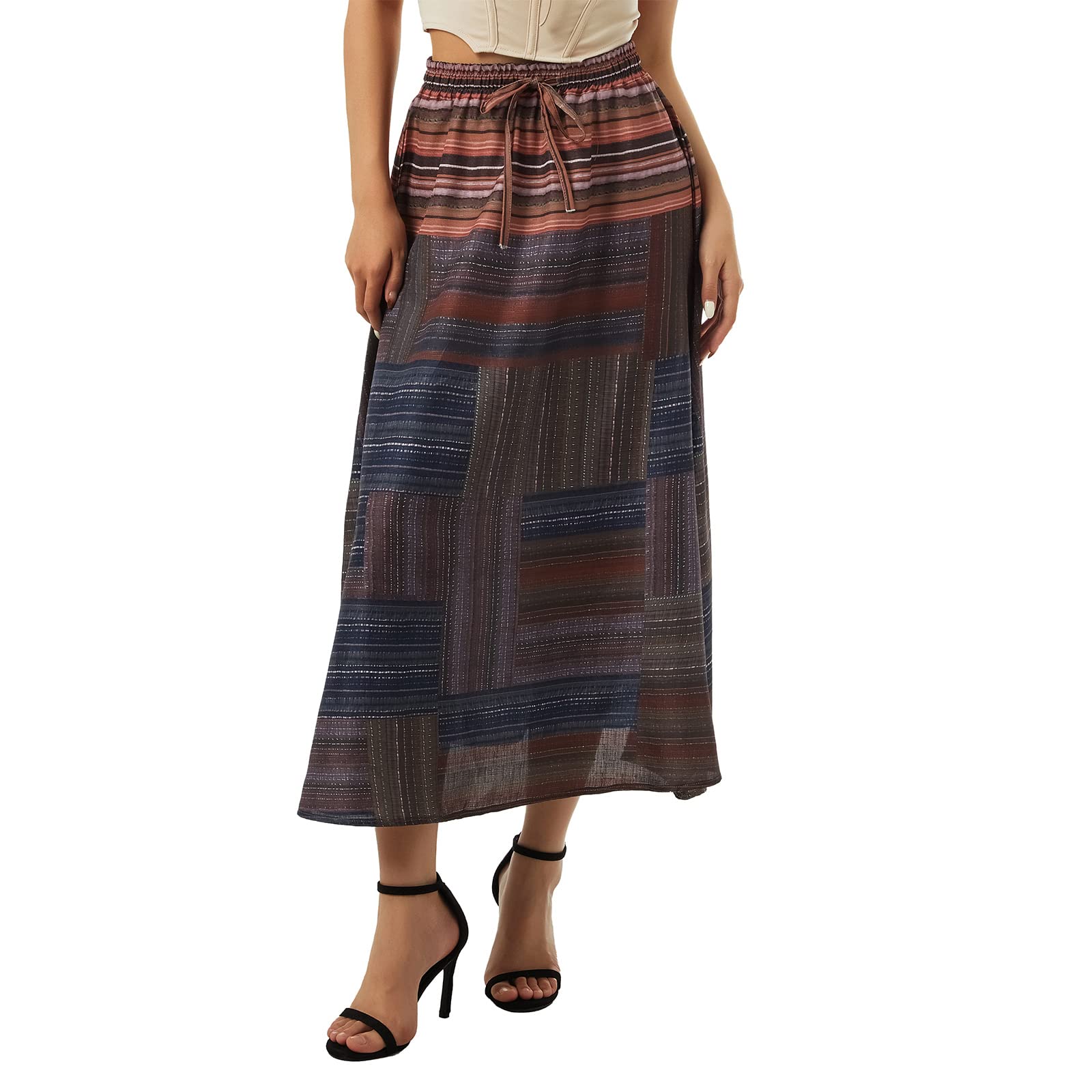 Vintage Striped Bohemian High Waist Long Skirt for Women - Summer Beachwear, Casual Maxi Skirt with Flowy Design (Brown, Size L) | Perfect for Beach Vacations, Music Festivals & Boho Chic Outfits