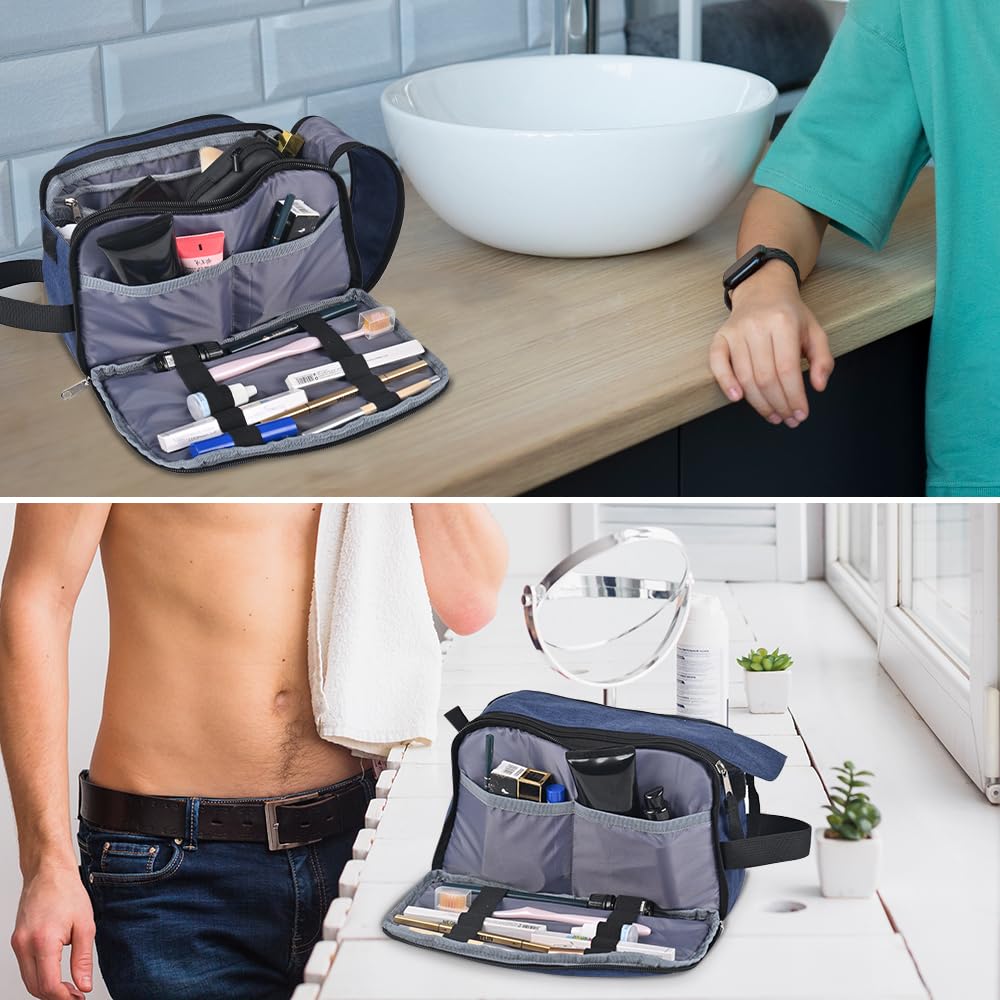 Waterproof Travel Toiletry Bag for Men - Navy Blue Dopp Kit with Multiple Pockets for Shaving Essentials & Grooming Accessories - Perfect for Business Trips, Gym, Camping & Daily Use