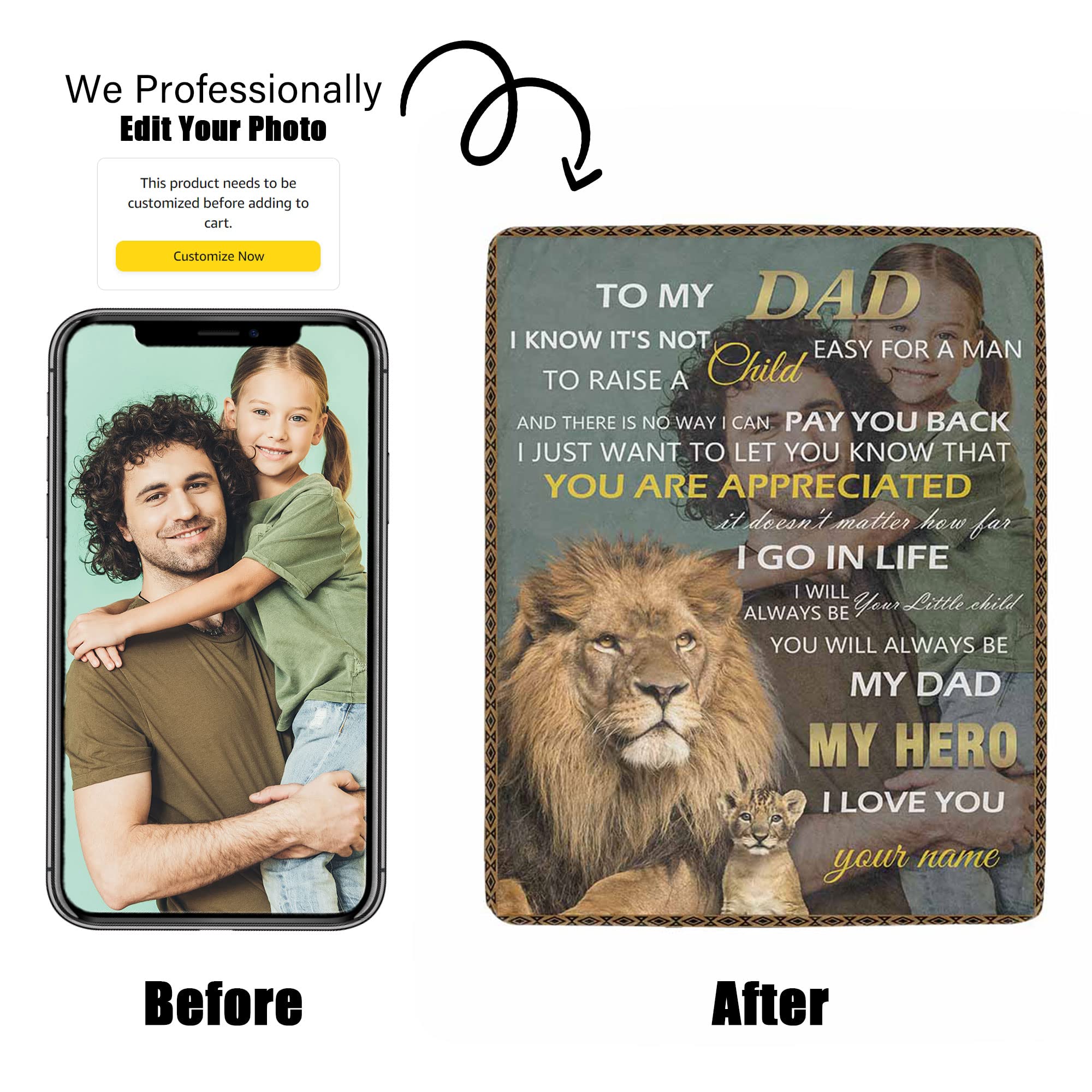 Custom Photo Collage Fleece Blanket for Dad - Personalized Father's Day & Birthday Gift from Son or Daughter - Soft Lion Design Throw Blanket 30