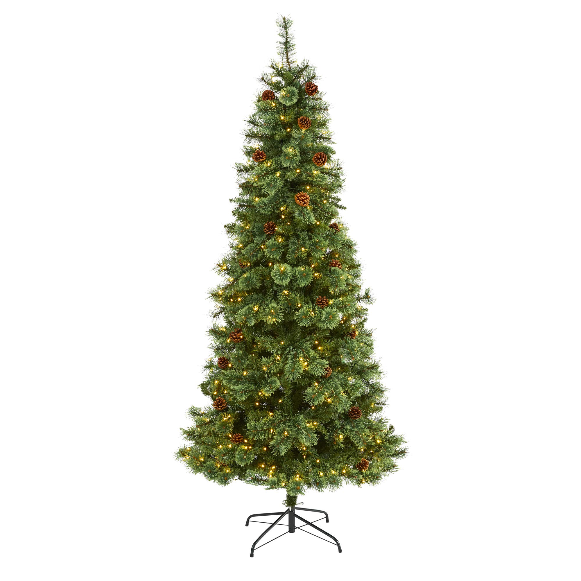 Nearly Natural 7ft White Mountain Pine Artificial Christmas Tree with 400 Clear LED Lights & Pine Cones - Perfect for Holiday Home Decor, Office Christmas Party & Festive Indoor Decoration