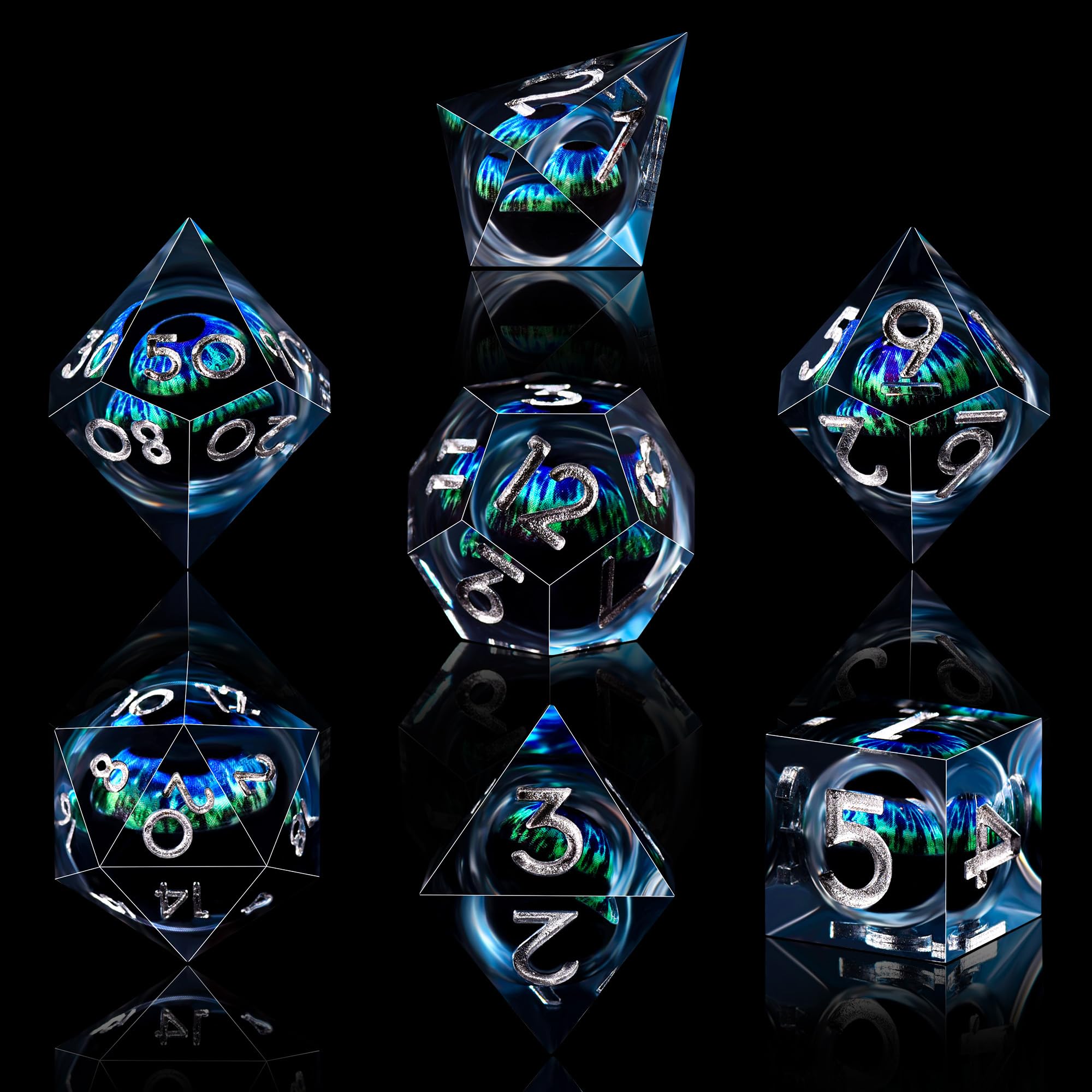 AUSTOR Dragon Eye DND Dice Set - 7-Piece Liquid Core Blue & Green Sharp Edge Resin Dice for Dungeons & Dragons, D&D, RPG Games - Includes D20, D12, D10, D8, D6, D4 with Storage Box - Perfect for Tabletop Gaming, Role-Playing Adventures & Collectors