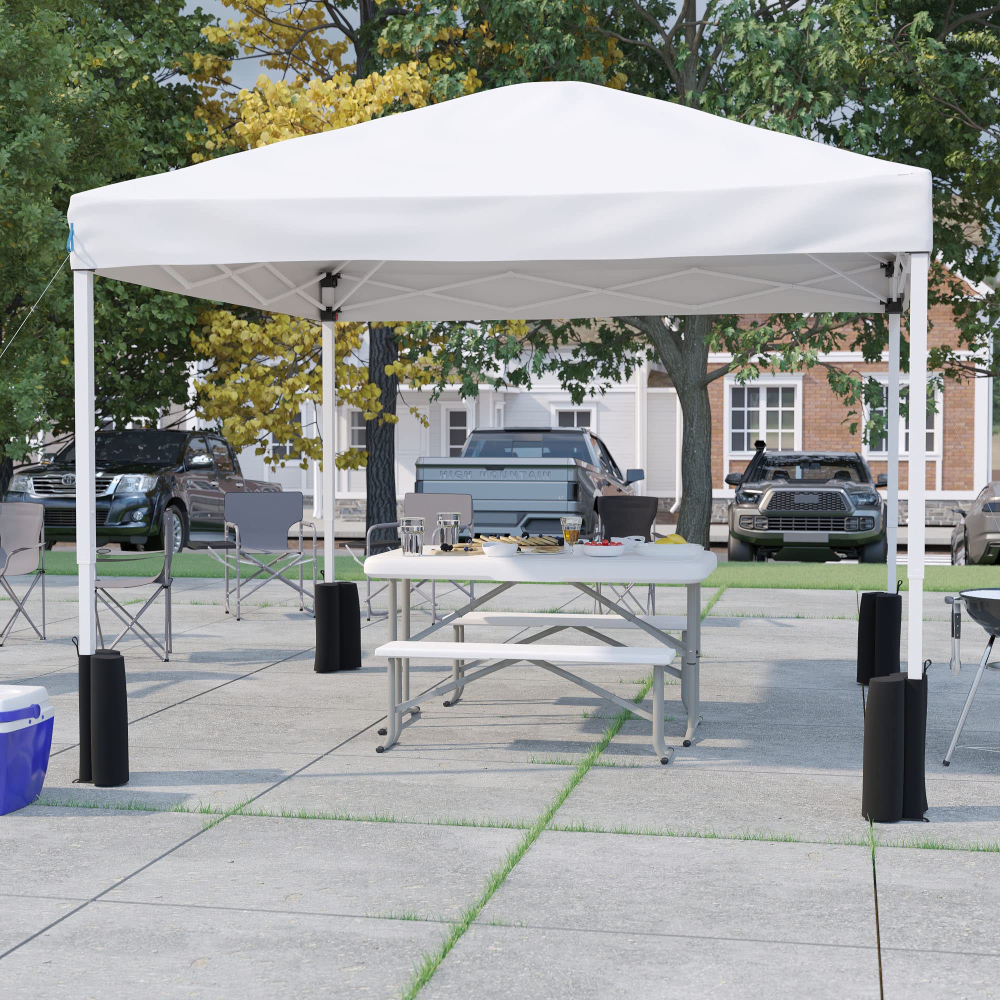Flash Furniture Harris 10'x10' White Pop Up Canopy Tent with Wheeled Carry Case & Folding Bench Set - Portable Outdoor Shelter for Tailgate Parties, Camping Trips, Beach Events & Backyard Gatherings