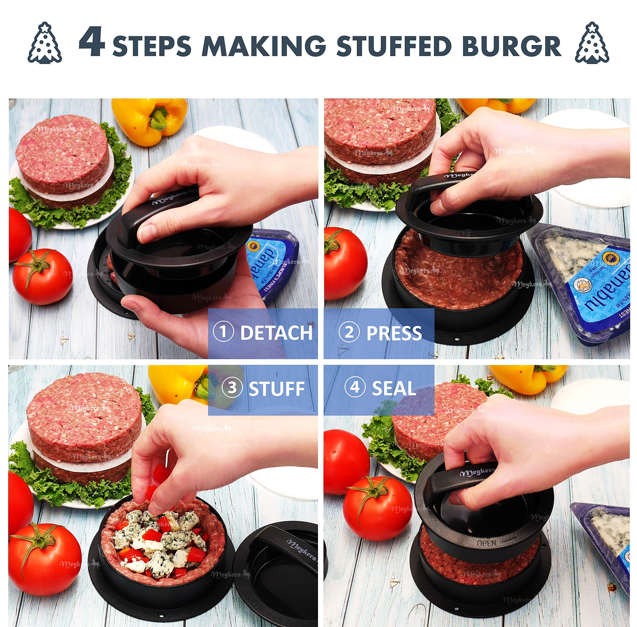 Meykers 3-in-1 Non-Stick Hamburger Patty Press Maker with 100 Wax Papers - Perfect for Cheeseburgers, Sliders, Stuffed Burgers, Beef & Vegan Patties - Ideal for BBQ, Grilling, Home Cooking & Outdoor Parties