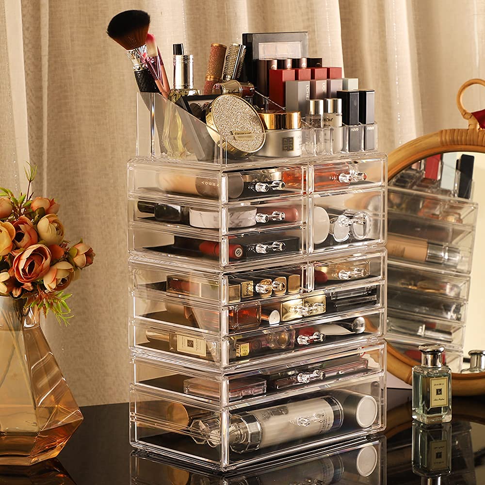 **4-Pack Clear Acrylic Skincare Organizer with 11 Stackable Drawers - Vanity Makeup & Jewelry Storage for Beauty, Hair Clips & Skincare Products - Perfect for Bedroom, Bathroom & Dressing Table Organization**