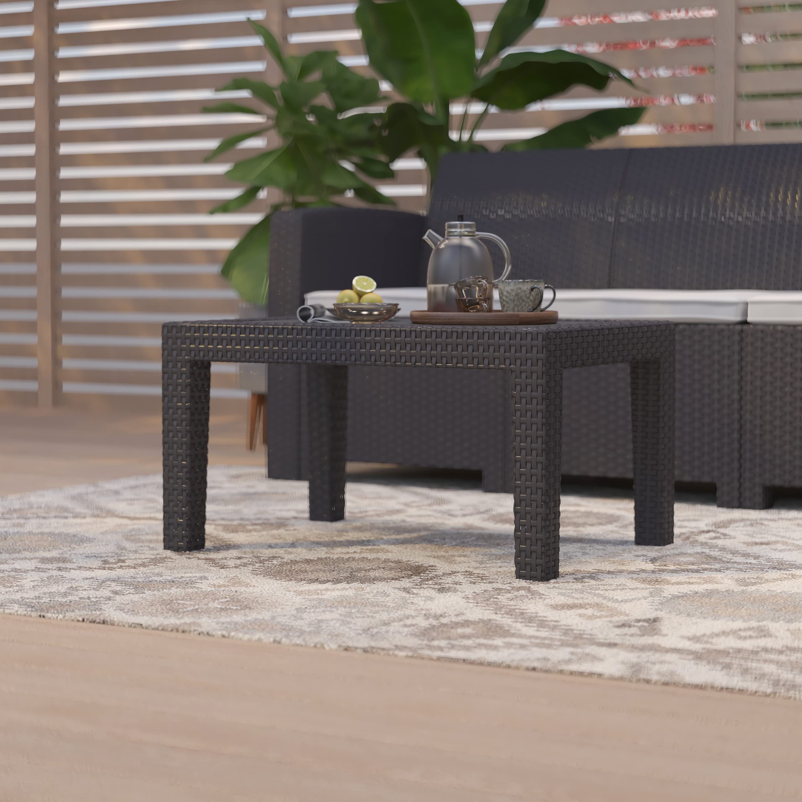 **Merrick Lane Malmok Outdoor Coffee Table - Dark Gray Faux Rattan Wicker with Wood Plank Top - All-Weather Patio Furniture for Garden, Poolside & Backyard Decor**