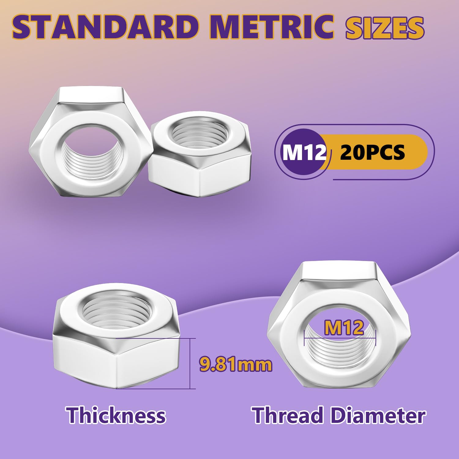 M12 Hex Nuts 20Pcs - 304 Stainless Steel M12-1.75mm Metric Hexagonal Nuts Hardware Set for Bolts - Heavy Duty for Furniture, Automotive, Industrial & Construction Use - Full Thread Fasteners for DIY Projects and Machine Assembly