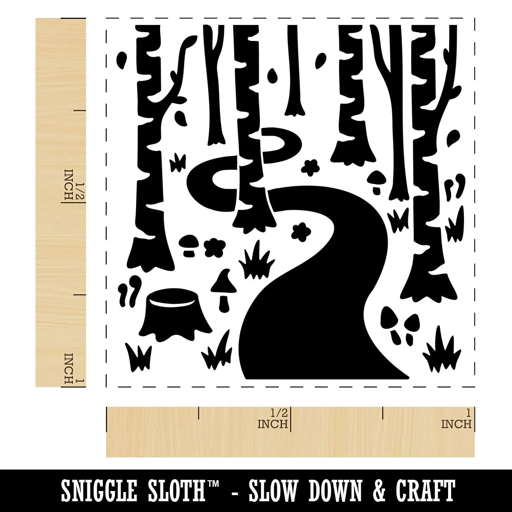 Forest Trail Birch Trees and Mushrooms Self-Inking Rubber Stamp - 1 Inch Small Stamp with Black Ink - Perfect for Scrapbooking, Card Making, and DIY Crafts
