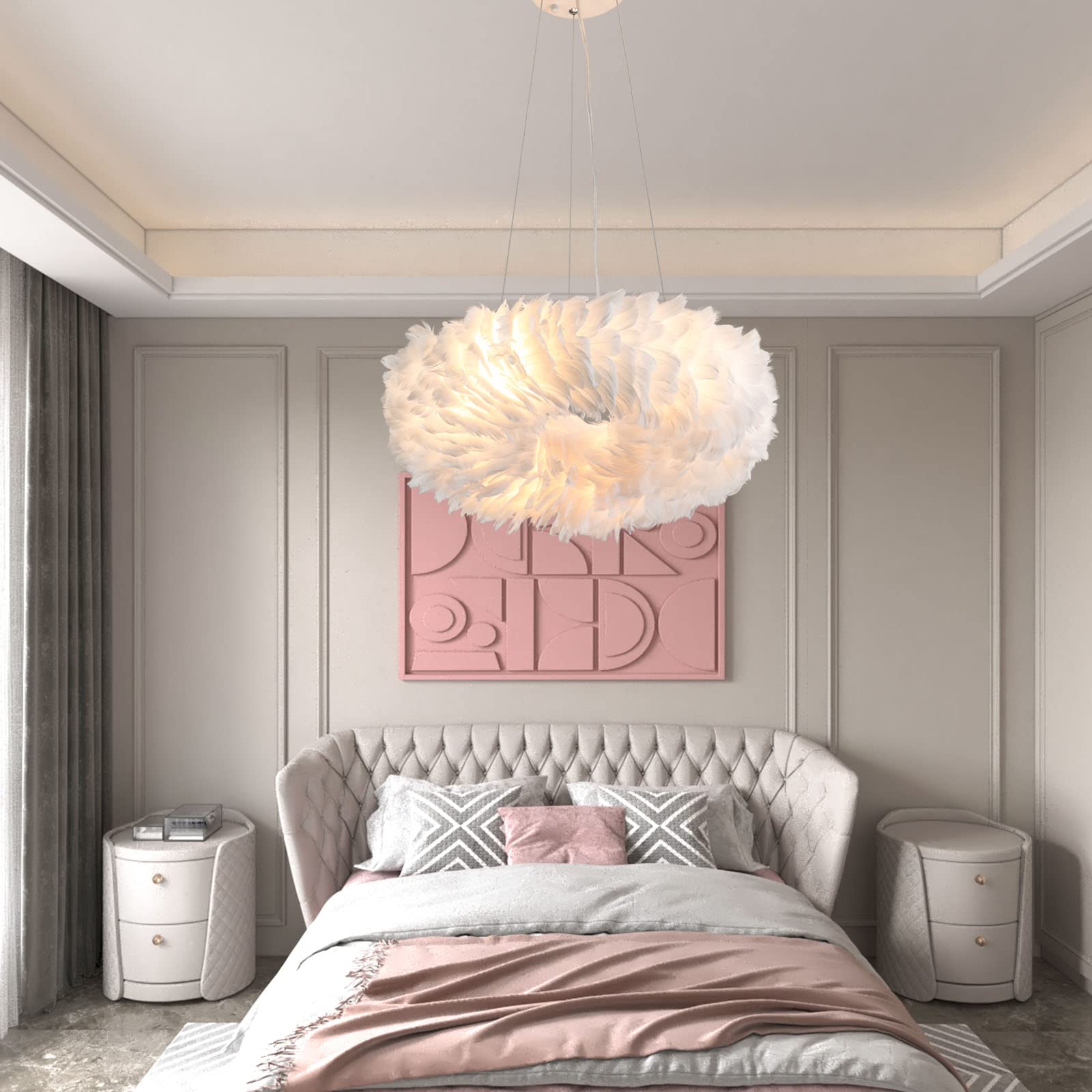 Maxax 6-Light Feather Pendant Chandelier - Modern Nordic Ceiling Light with White Shade for Bedroom, Living Room & Girls Room | Romantic Ambiance Lighting for Dining Areas & Home Decor