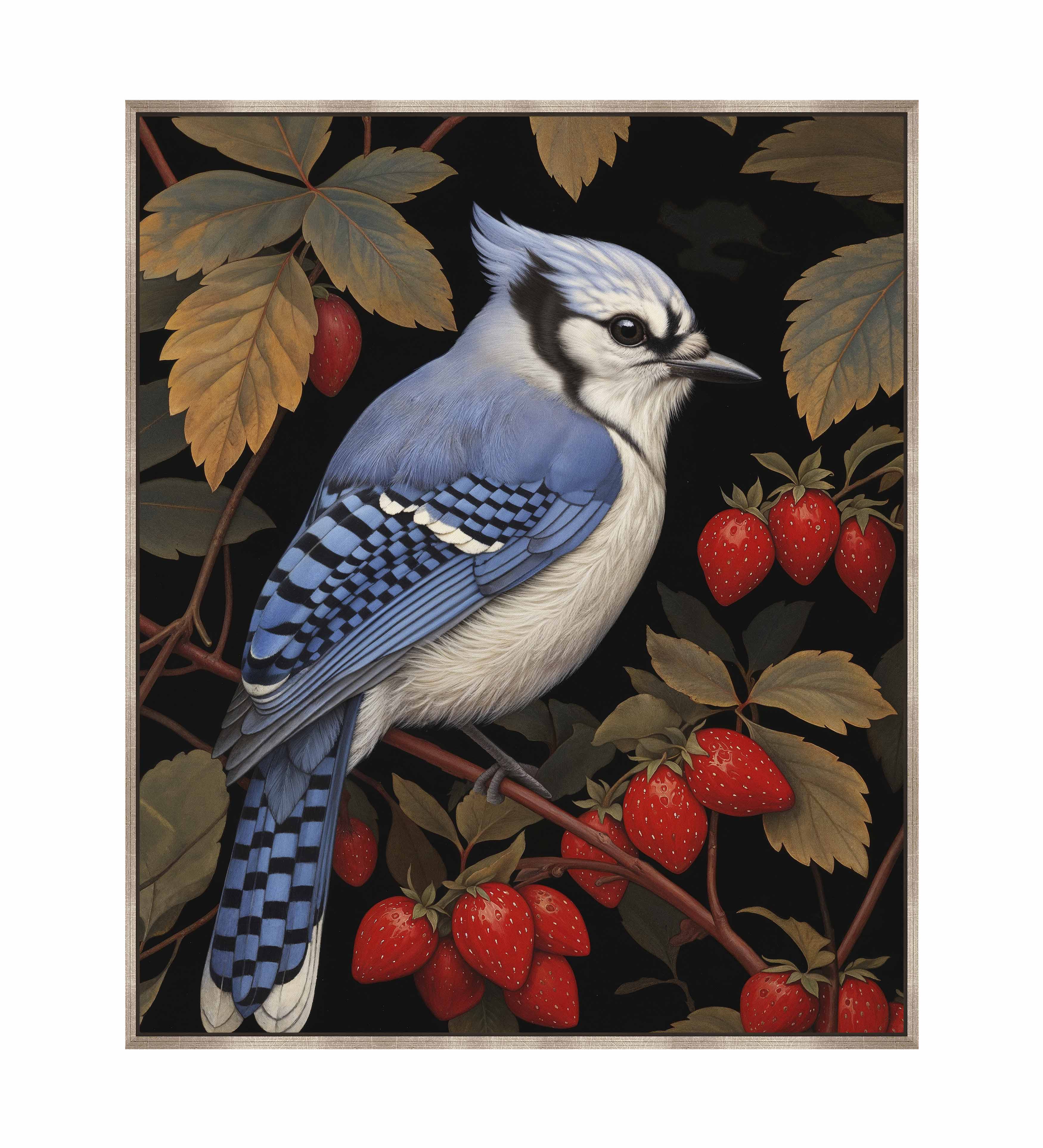 Berry Bliss Blue Jay in Strawberry Patch - Premium Gallery Wrapped Canvas Wall Art for Home & Office Decor | Perfect for Living Room, Bedroom, Kitchen