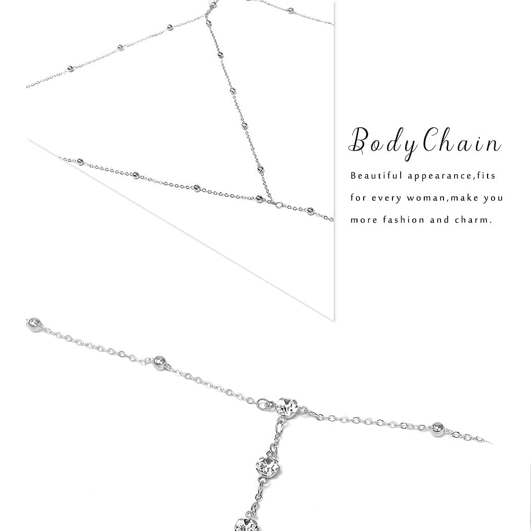 Dreamyn Boho Rhinestones Body Chain - Silver Crystal Bikini Chains for Women | Summer Beach Jewelry, Festival Accessories & Bachelorette Party Outfit Enhancer