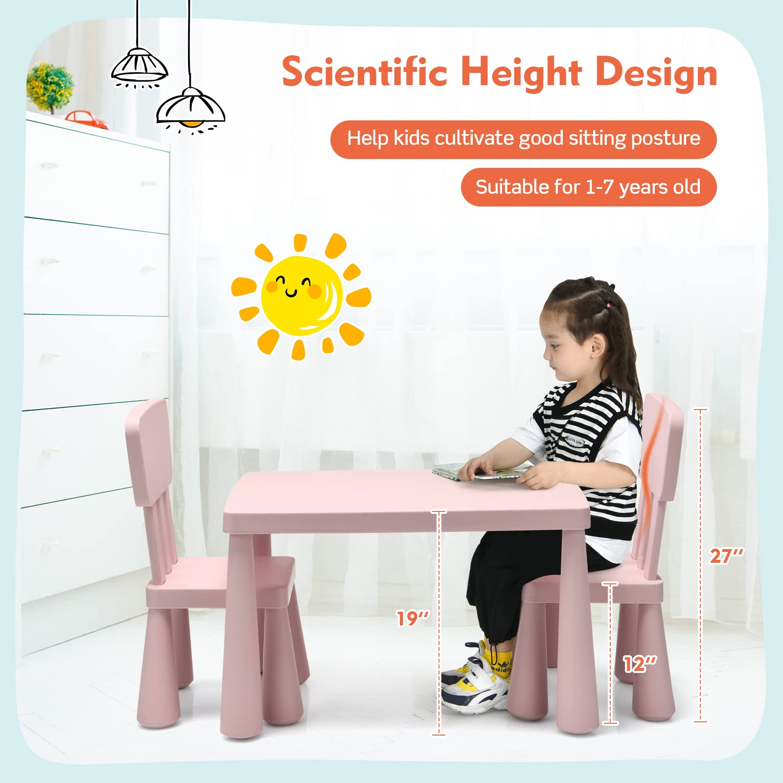 COSTWAY 3-Piece Kids Table and Chairs Set - Lightweight Plastic Children's Activity Table for Reading, Writing, Drawing & Snacks | Study Desk & Chair Set for Toddlers Ages 1-7 | Perfect for Preschool, Daycare & Home Playroom (Pink)