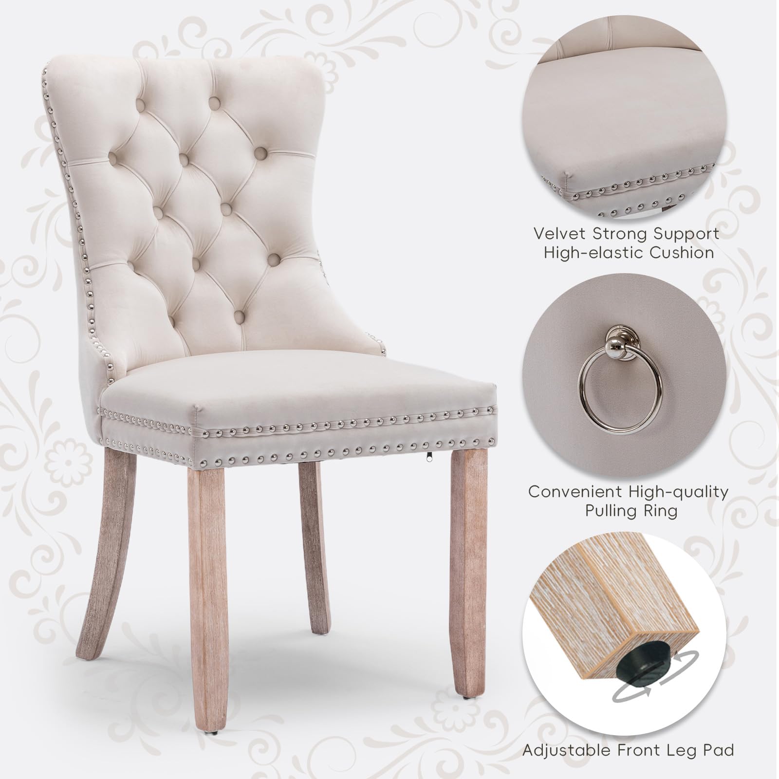Velvet Upholstered Dining Chairs Set of 4 - Modern Kitchen Side Chairs with Nailhead Trim & Solid Wood Legs - Metal Pulling Ring Accent - Beige Upholstery for Dining Room, Living Room, Kitchen Island & Breakfast Nook - Comfortable Seating for Home Decor (Set of 4)
