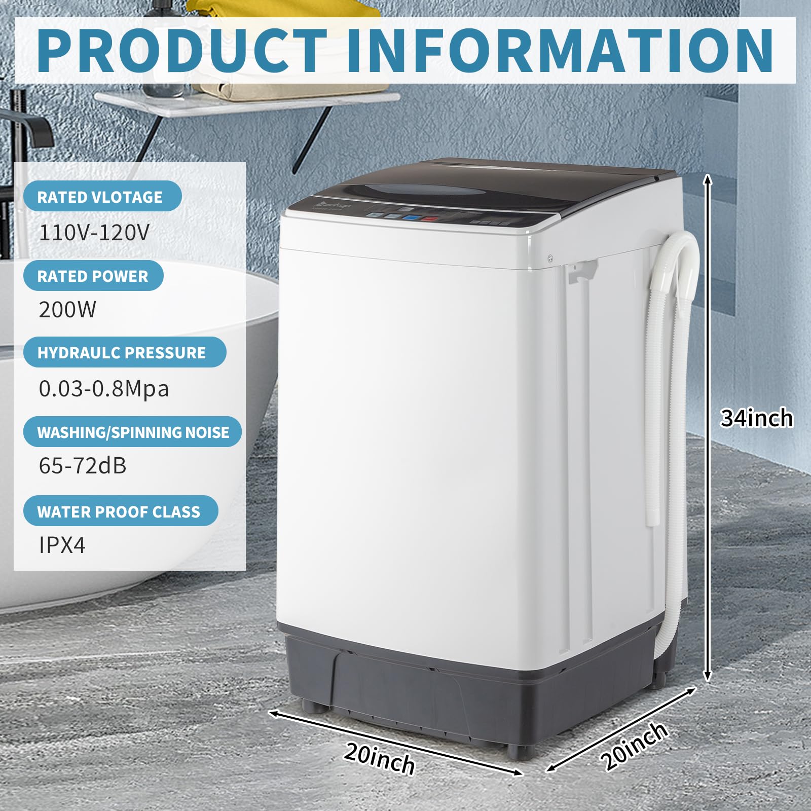 ROVSUN 17.6lbs Full Automatic Portable Washing Machine with Drain Pump - 2 in 1 Compact Washer Dryer Combo, Top Load Laundry for Apartments, Dorms, RVs & Small Spaces - Perfect for Tiny Homes, Camping & Travel Use