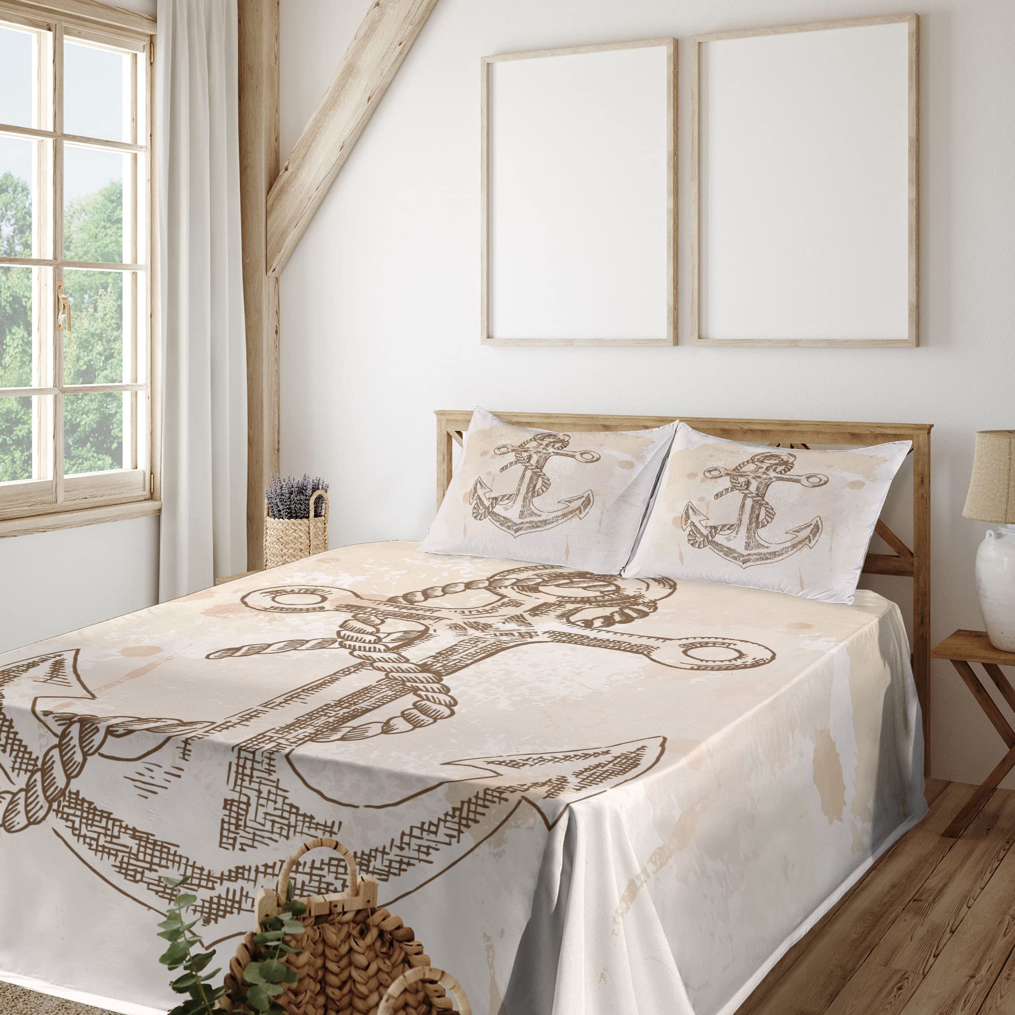 Ambesonne Anchor Sheet Set - Navy Blue & Brown Cream Summer Holiday Print Bedding, 4-Piece King Size with Fitted Sheet, Flat Sheet & Pillowcases - Perfect for Coastal Themed Bedrooms, Beach House Decor & Nautical Style Homes