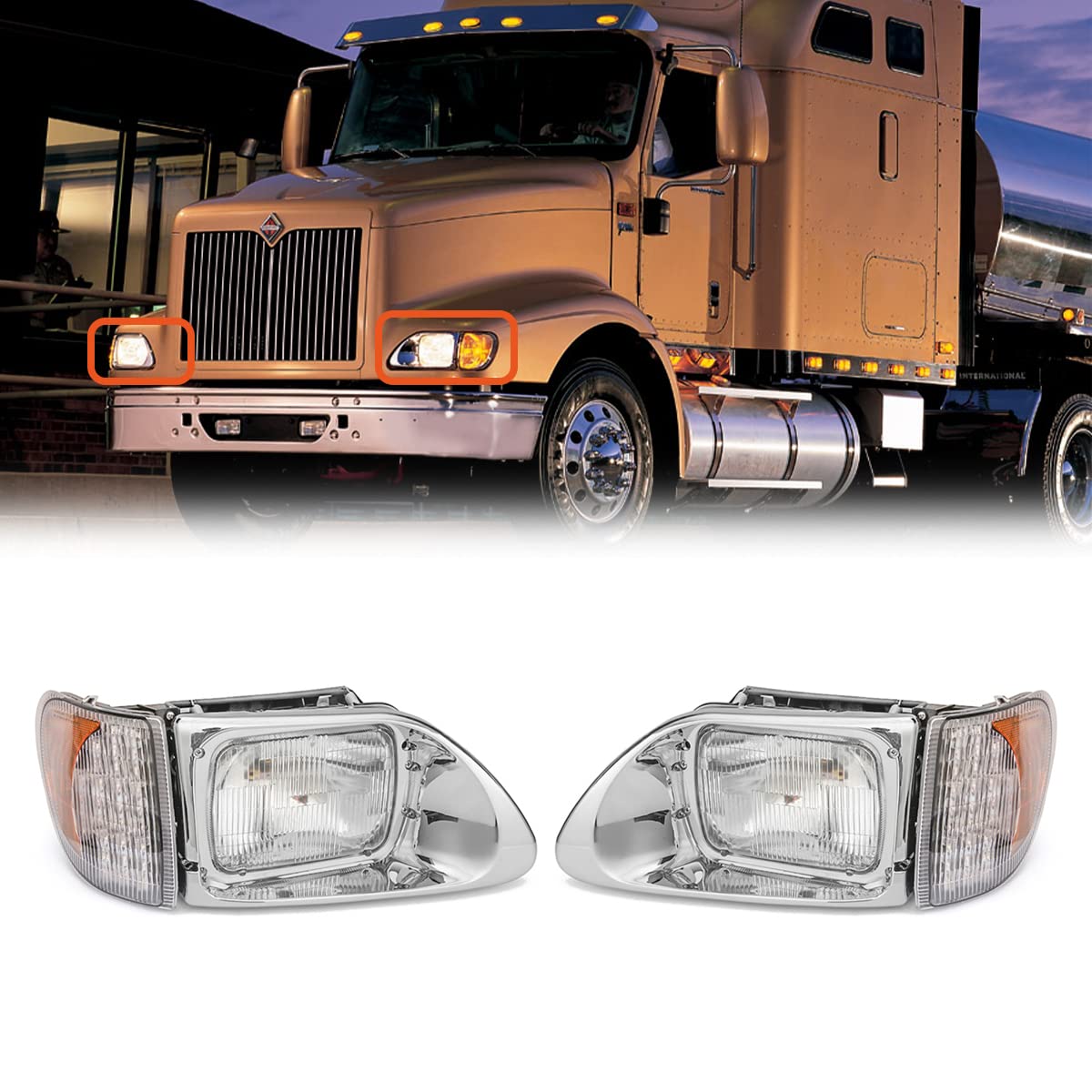 LED Headlight Assembly for International 9200/9200iSBA/5900/5900i/5900iSBA/9400/9400iSBA Semi Trucks - Pair with LED Turn Signals | Durable Replacement Headlamps for Improved Night Driving Safety