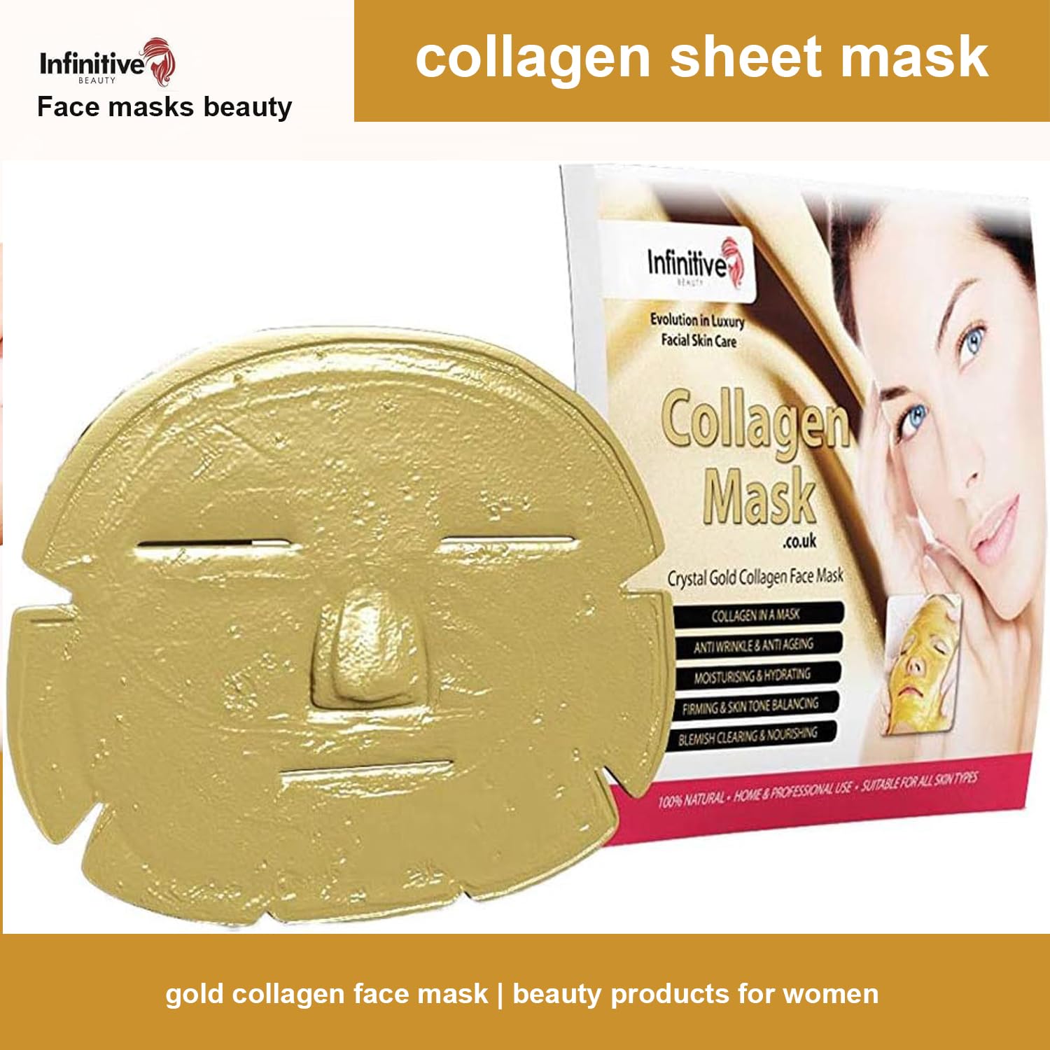50-Pack Infinitive Beauty 24K Gold Collagen Face Mask Sheets - Anti-Aging Skincare Treatment with Crystal Powder Gel for Hydration & Radiance | Perfect for Spa Nights, Self-Care Routines & Gift Giving